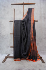 Black Plain Linen Saree With Tassels - SRBPLS264