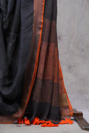 Black Plain Linen Saree With Tassels - SRBPLS264