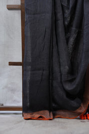 Black Plain Linen Saree With Tassels - SRBPLS264