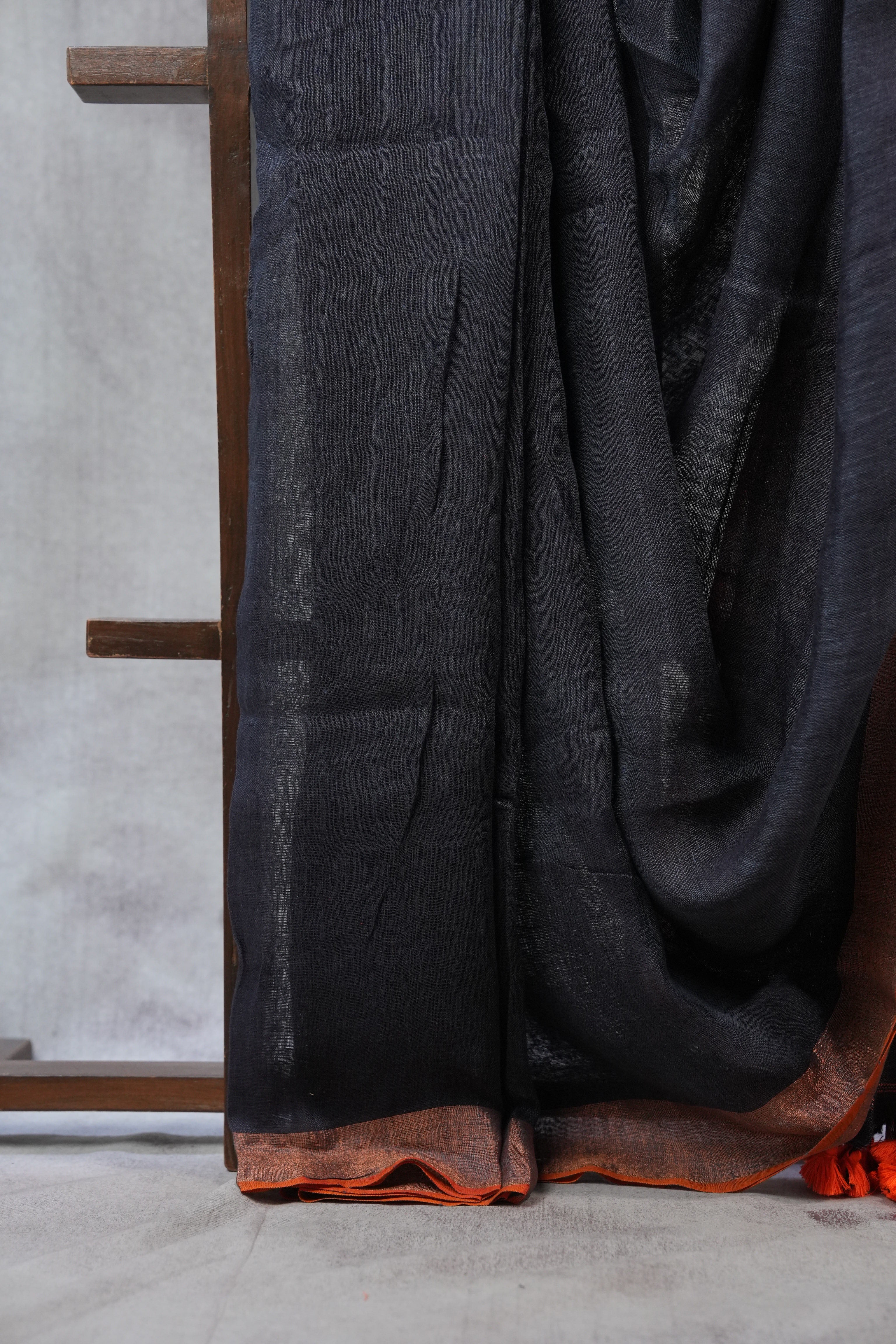 Black Plain Linen Saree With Tassels - SRBPLS264