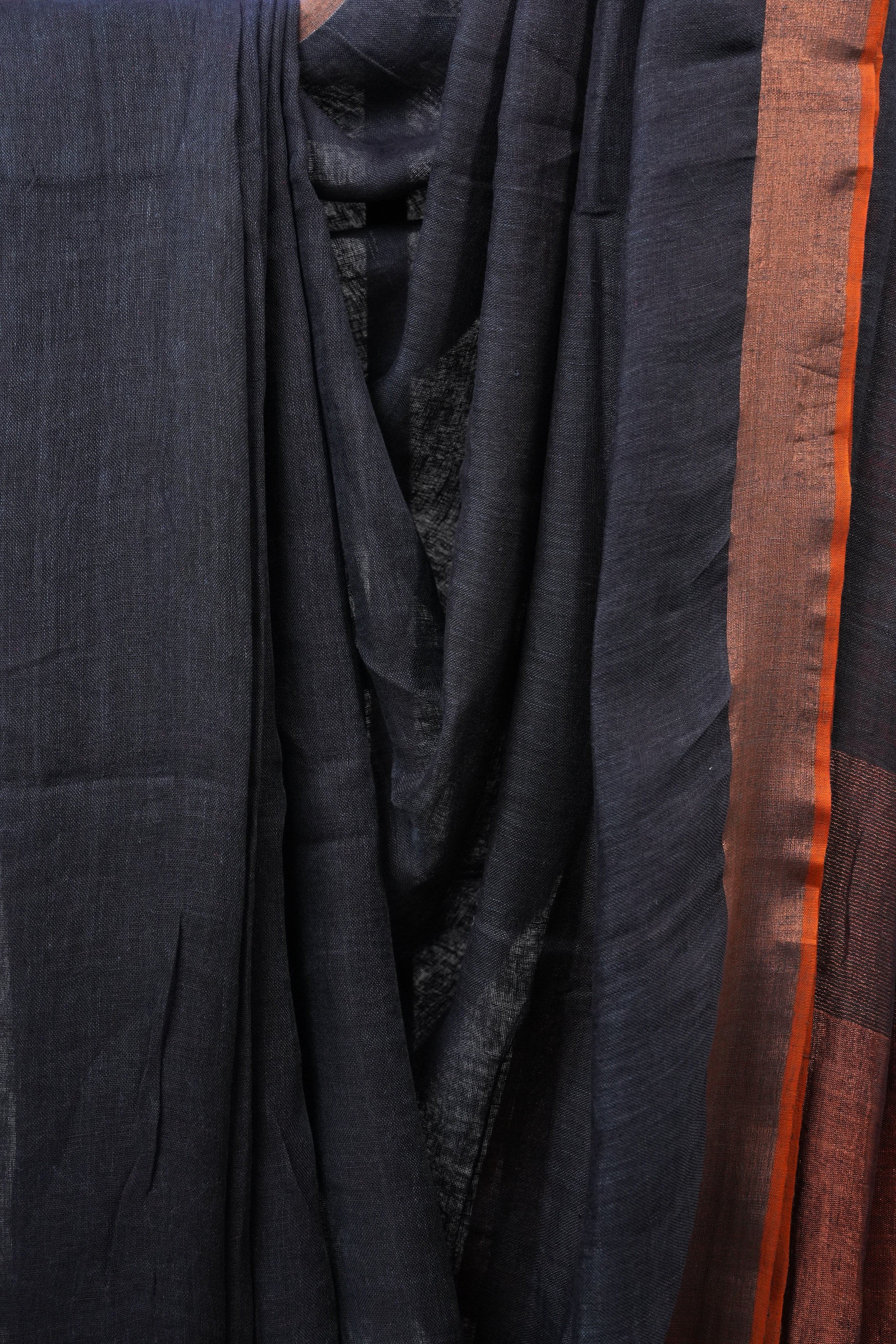 Black Plain Linen Saree With Tassels - SRBPLS264