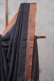 Black Plain Linen Saree With Tassels - SRBPLS264