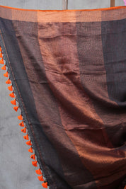 Black Plain Linen Saree With Tassels - SRBPLS264