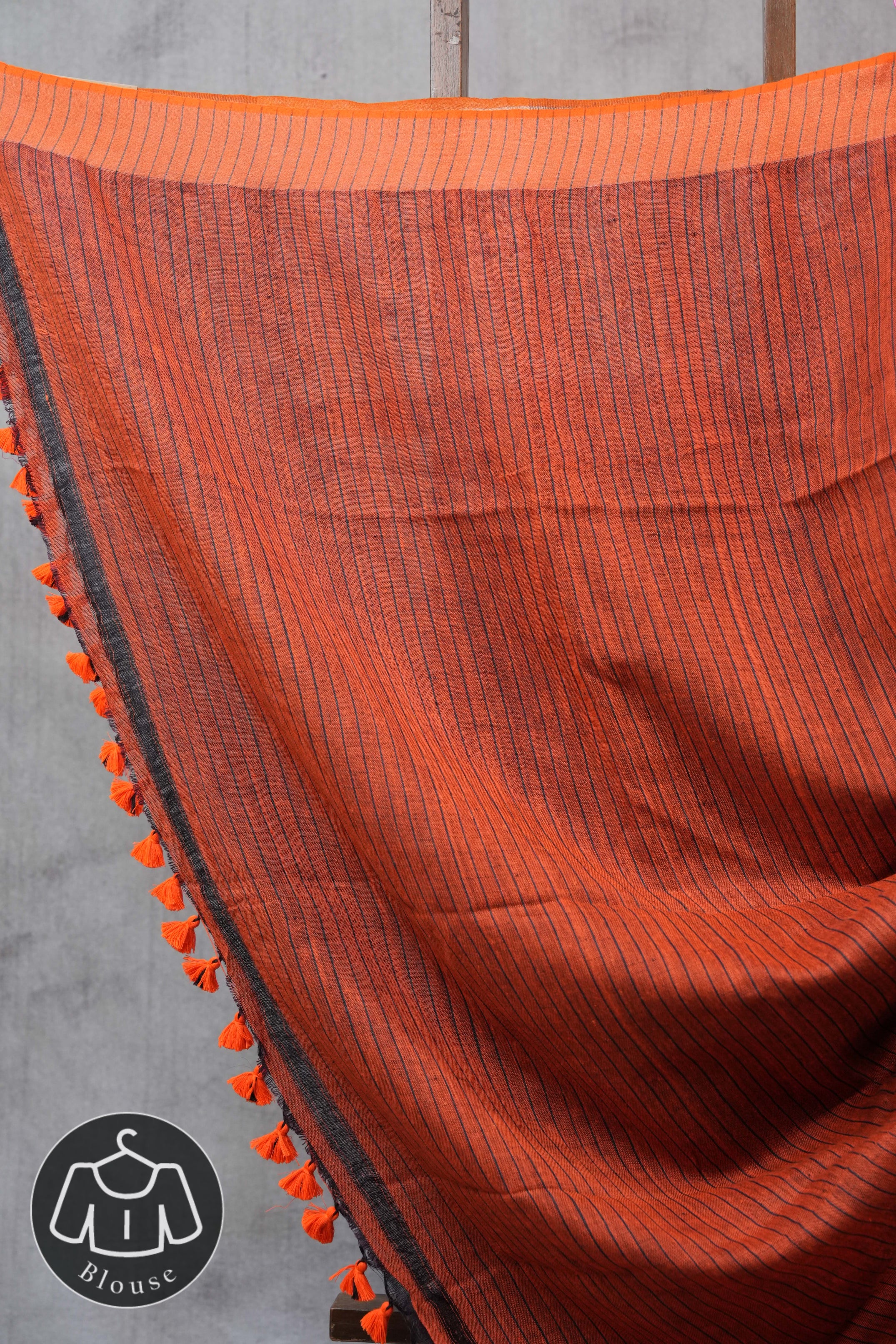 Black Plain Linen Saree With Tassels - SRBPLS264