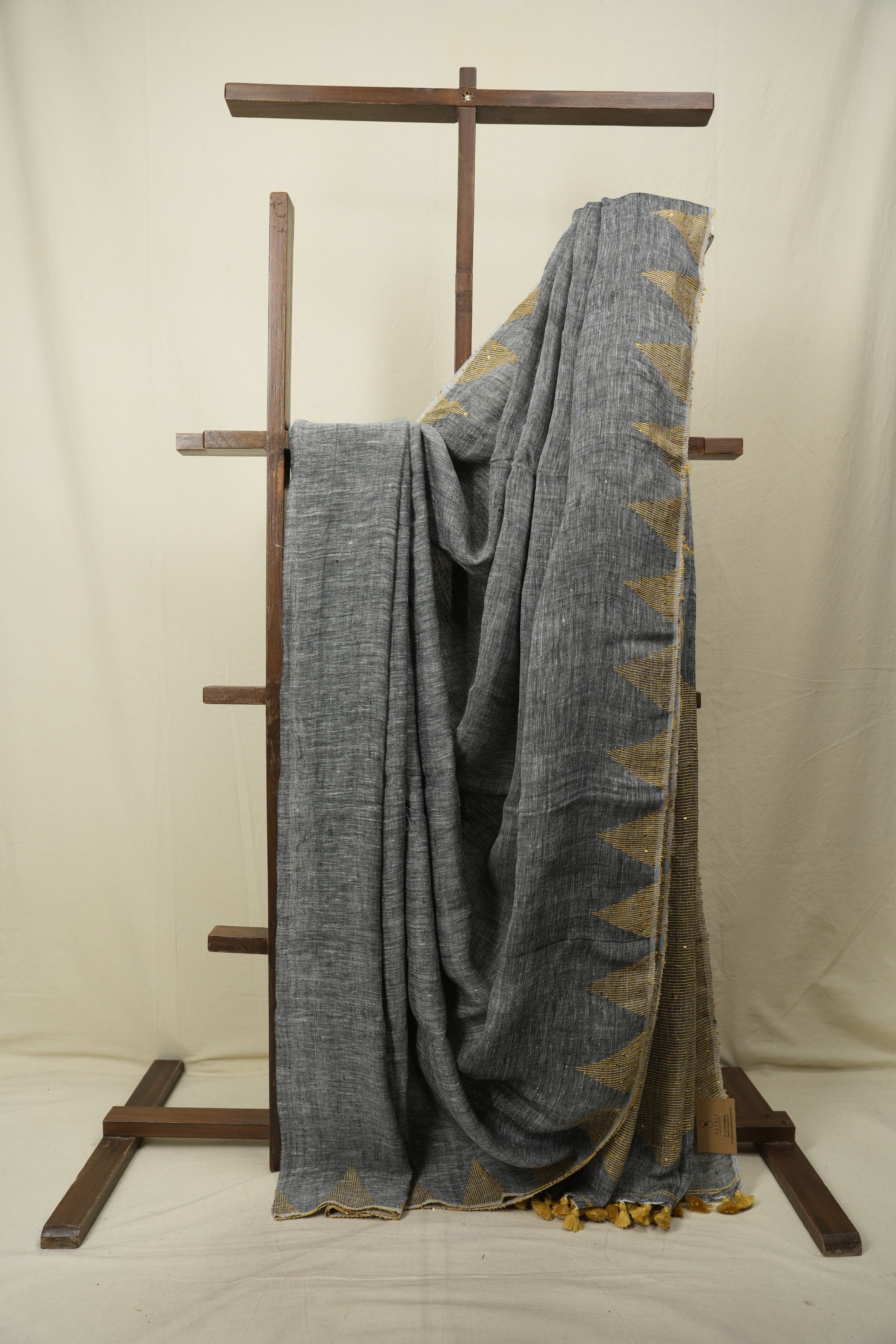 Grey Sequins Linen Saree With Yellow Tassels - SRGSLS534