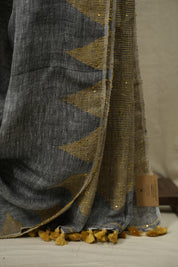 Grey Sequins Linen Saree With Yellow Tassels - SRGSLS534