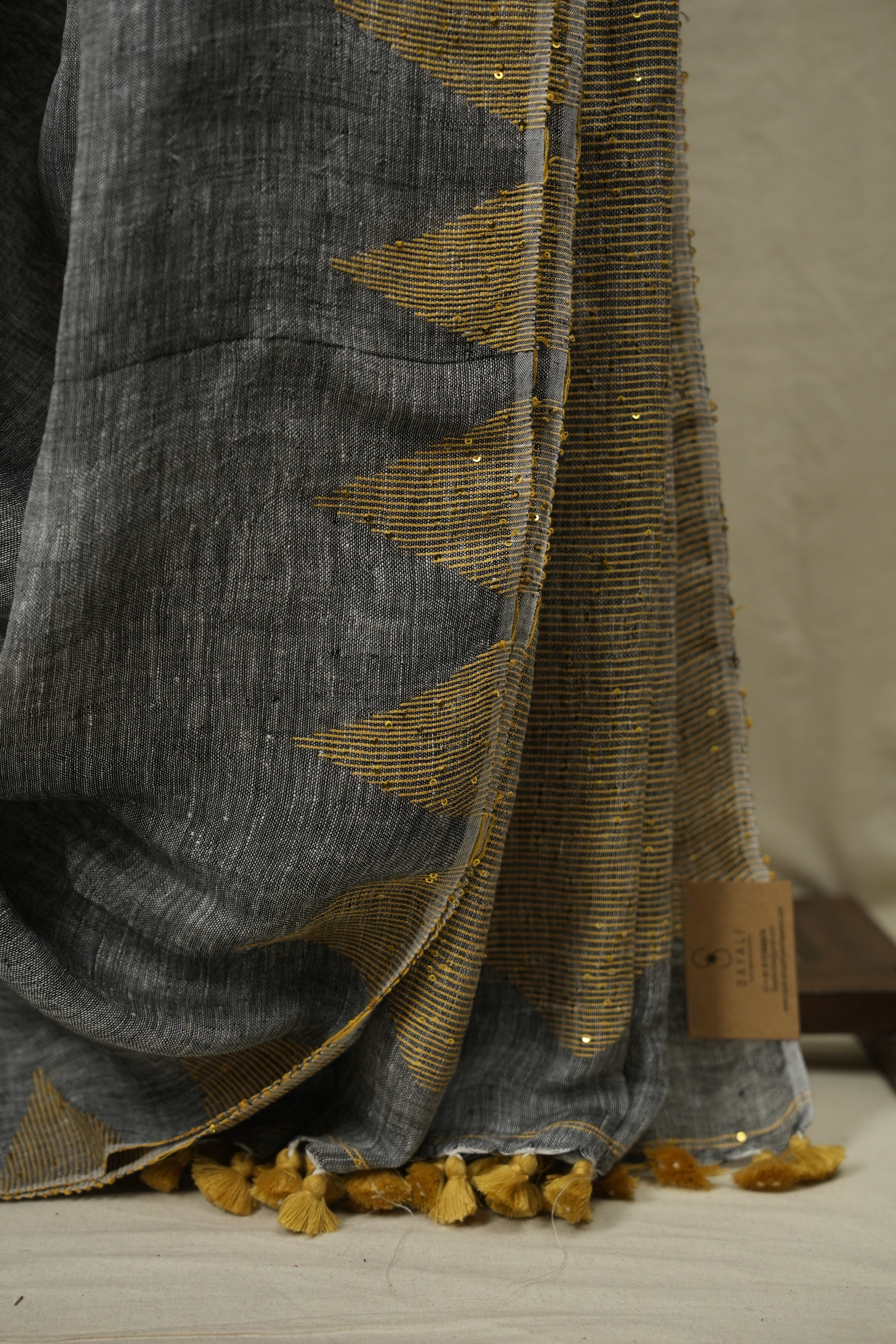 Grey Sequins Linen Saree With Yellow Tassels - SRGSLS534