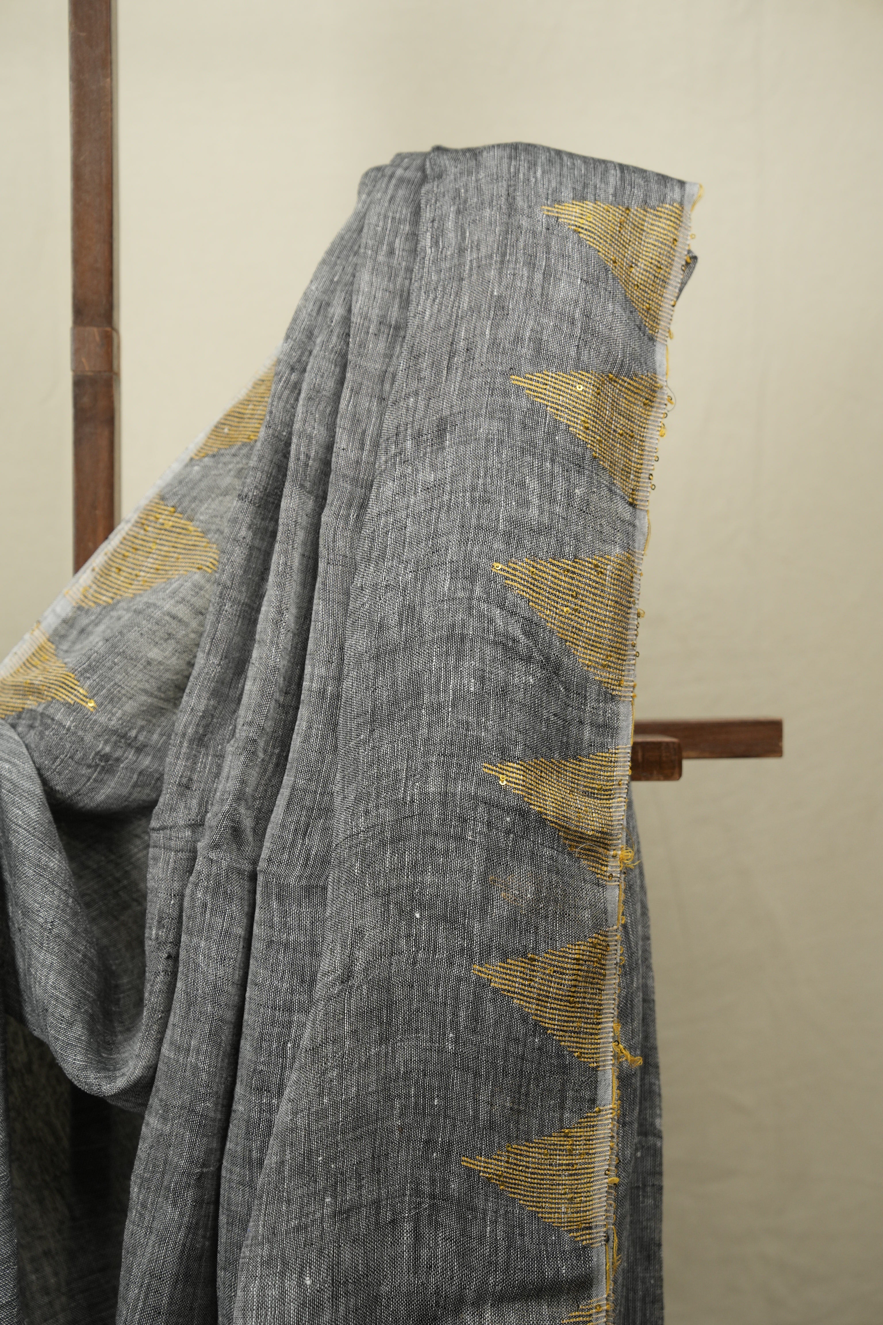 Grey Sequins Linen Saree With Yellow Tassels - SRGSLS534