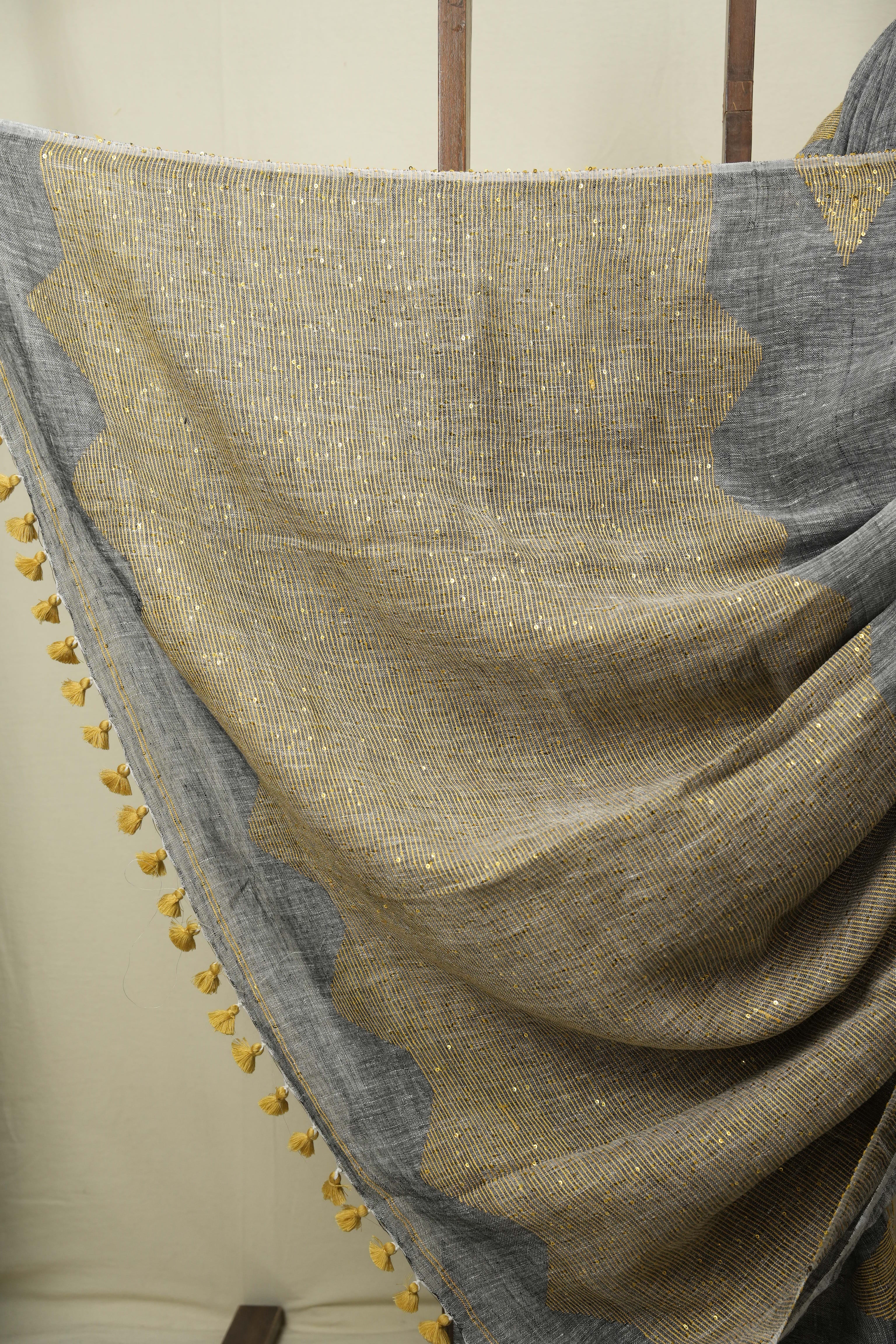 Grey Sequins Linen Saree With Yellow Tassels - SRGSLS534