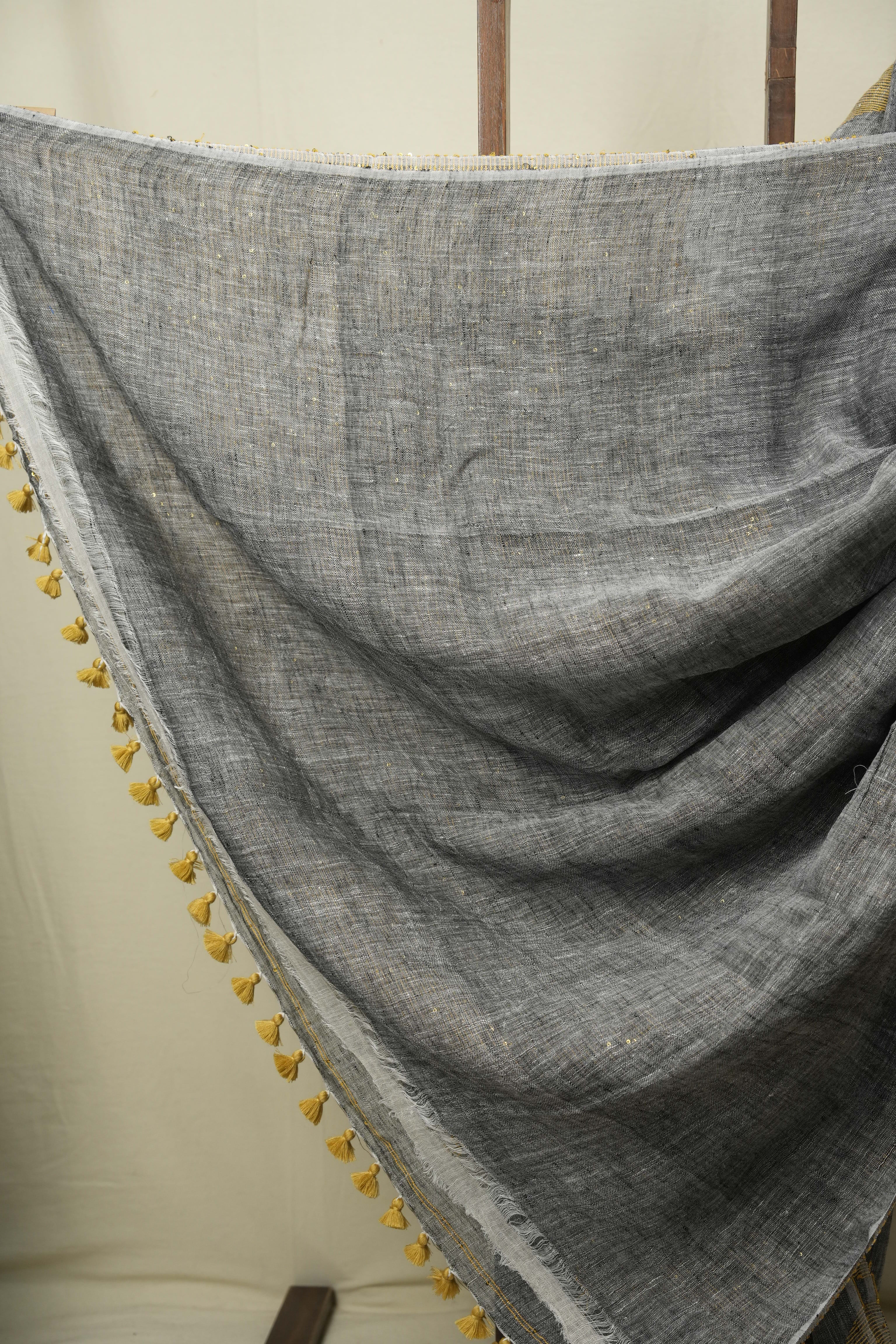 Grey Sequins Linen Saree With Yellow Tassels - SRGSLS534
