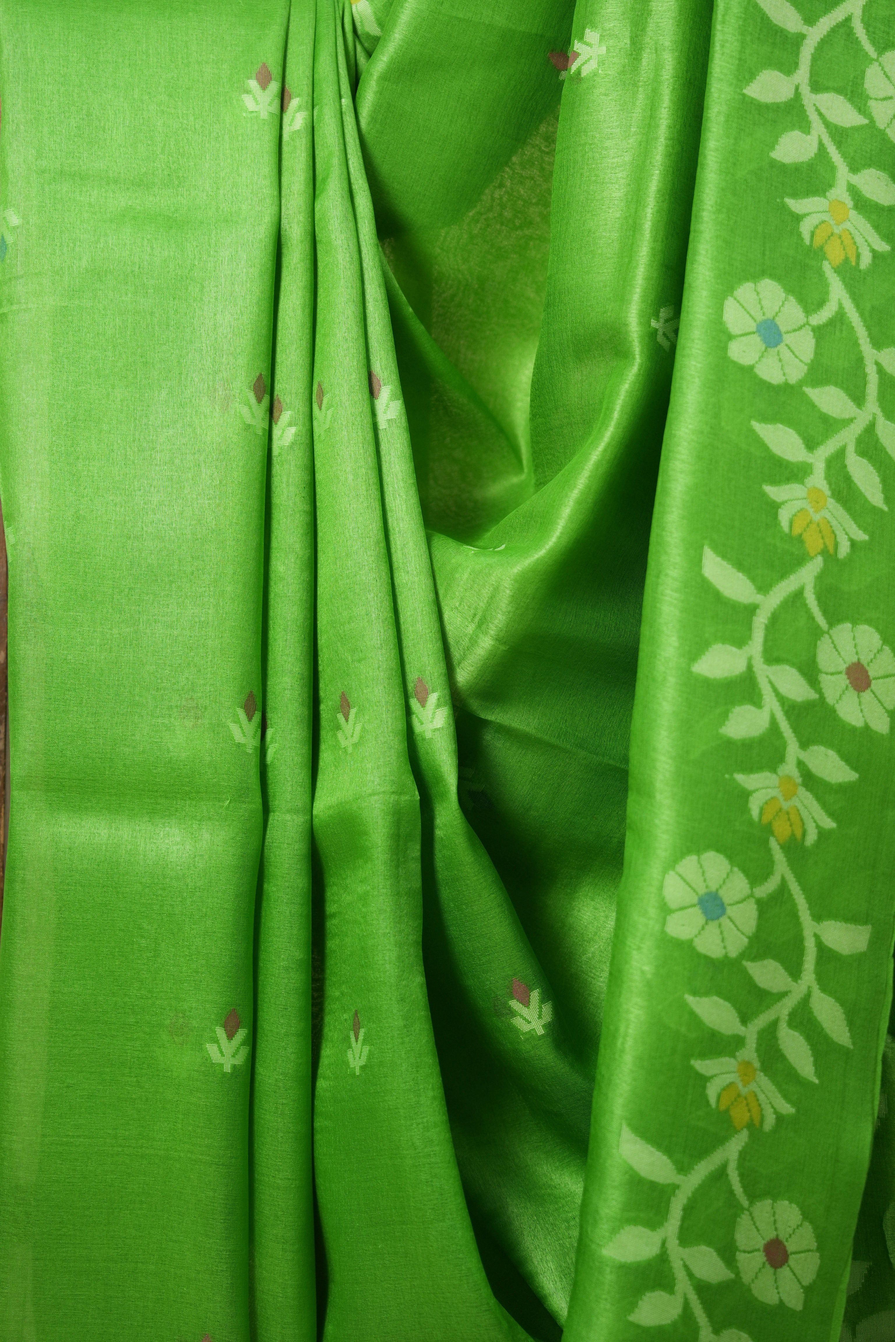 Parrot Green Jamdani Tussar Silk Saree - SRPGJTSS0014