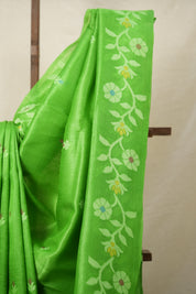 Parrot Green Jamdani Tussar Silk Saree - SRPGJTSS0014