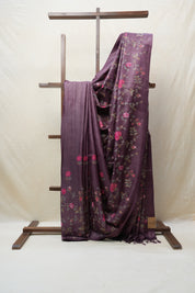 Dark Purple Machine Embroidered Tussar Silk Saree - SRDPMETSS1445
