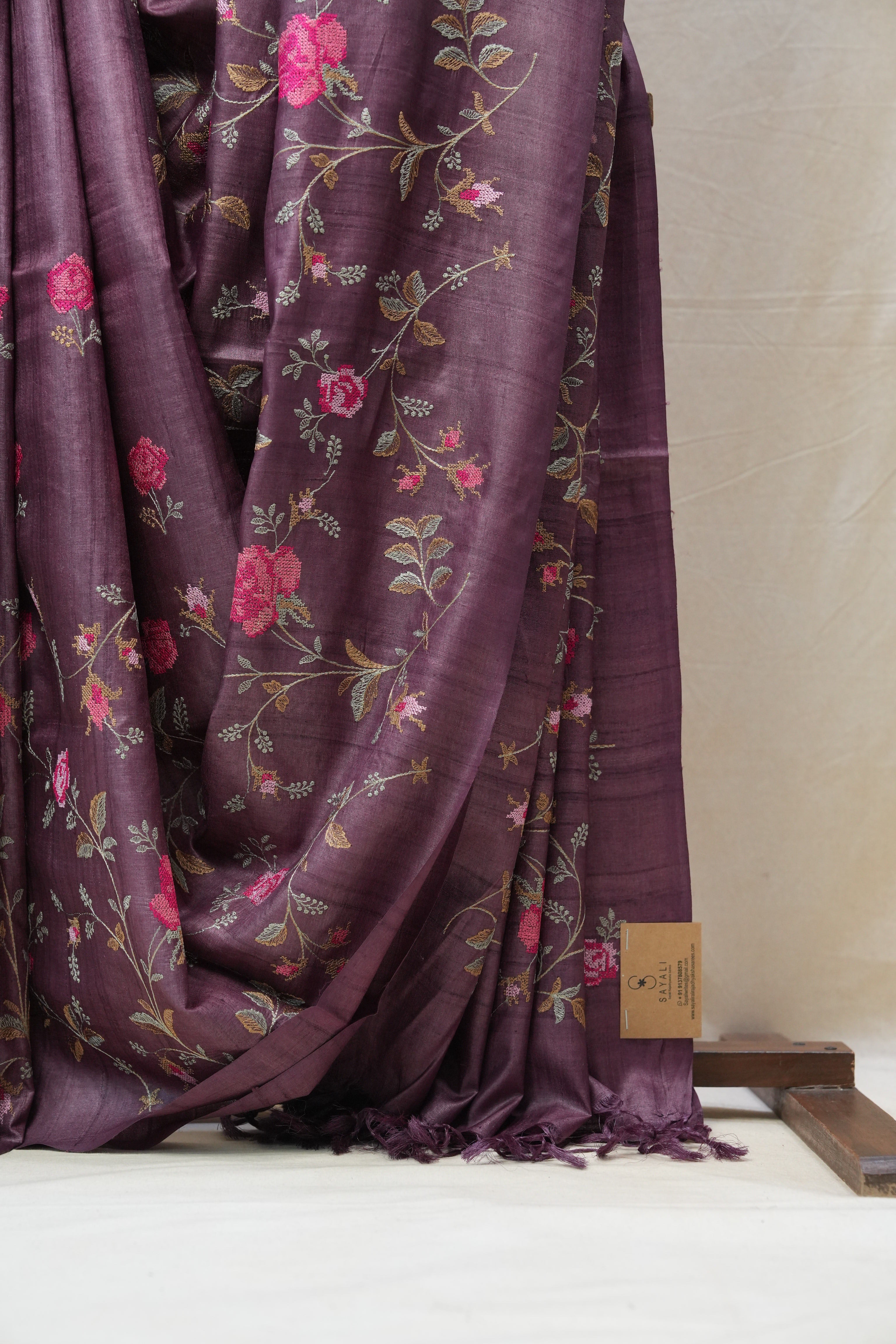 Dark Purple Machine Embroidered Tussar Silk Saree - SRDPMETSS1445