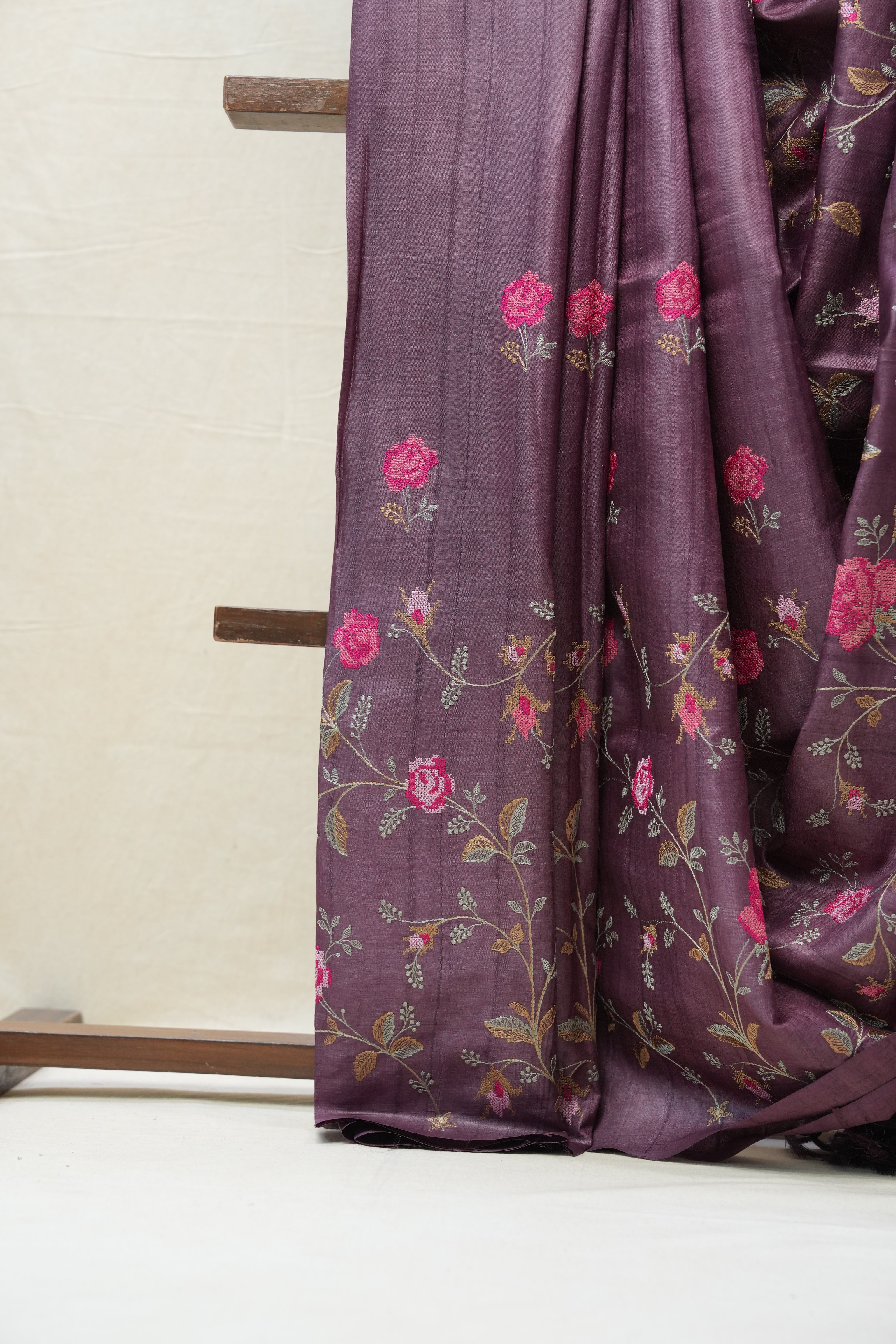 Dark Purple Machine Embroidered Tussar Silk Saree - SRDPMETSS1445