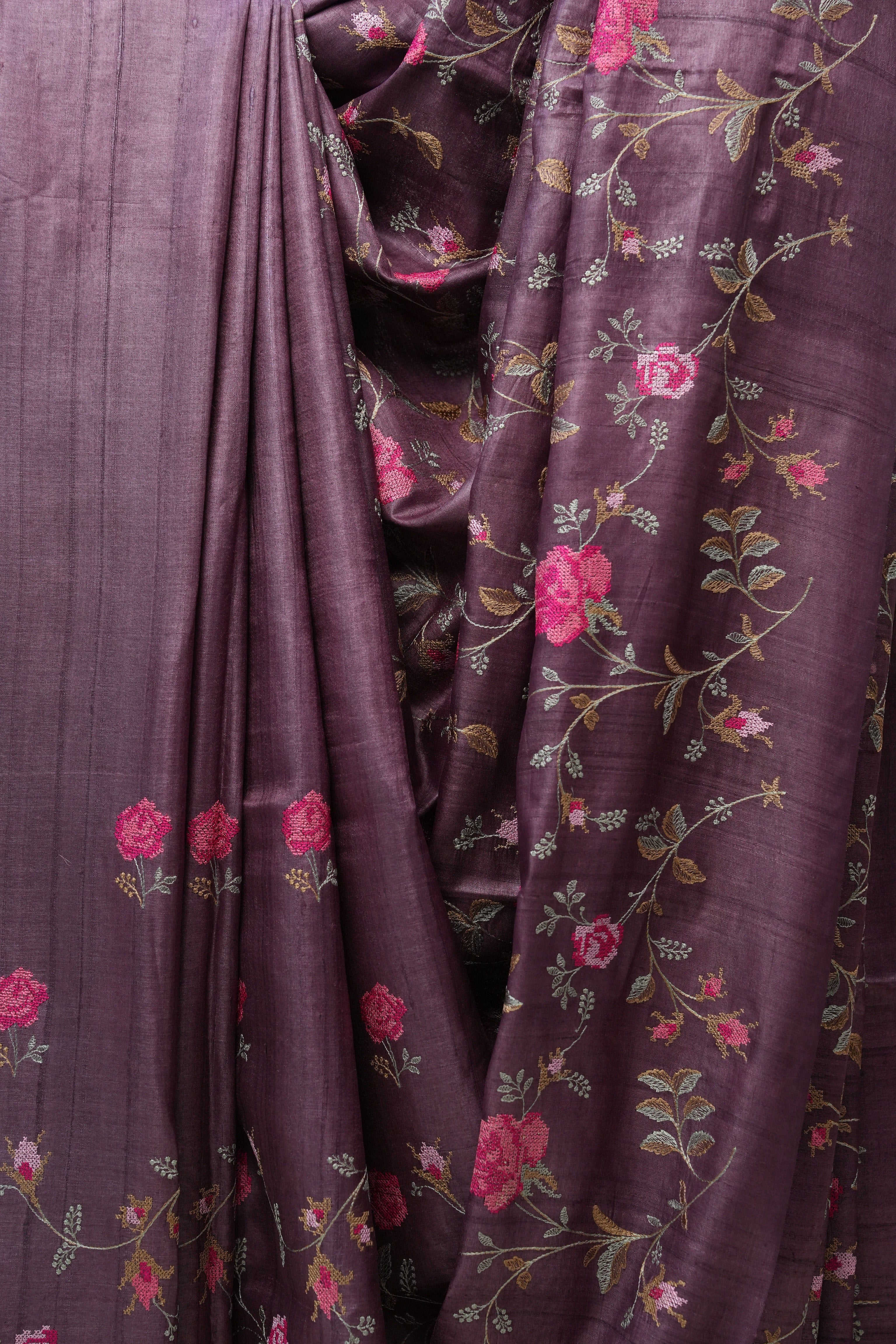 Dark Purple Machine Embroidered Tussar Silk Saree - SRDPMETSS1445