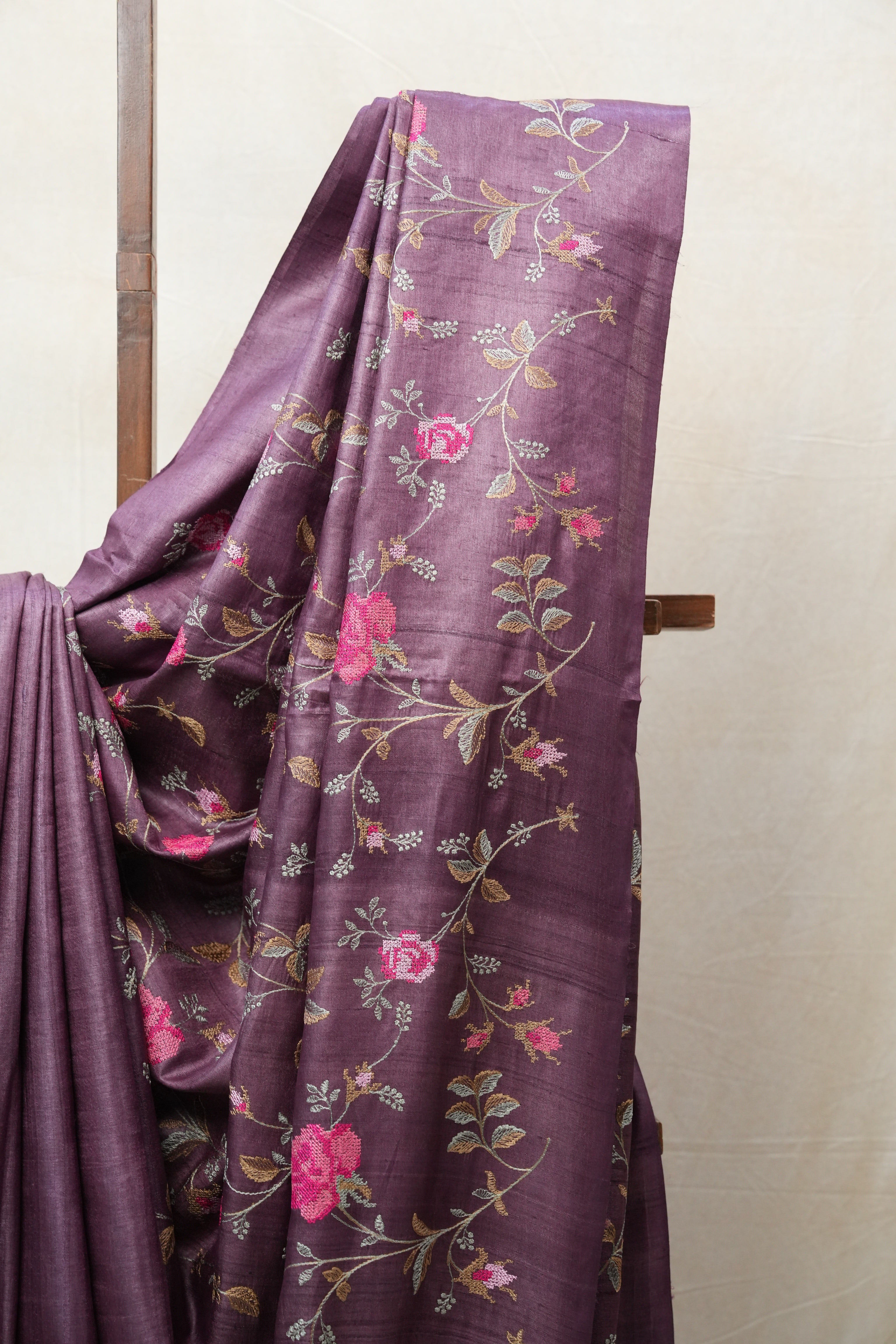 Dark Purple Machine Embroidered Tussar Silk Saree - SRDPMETSS1445