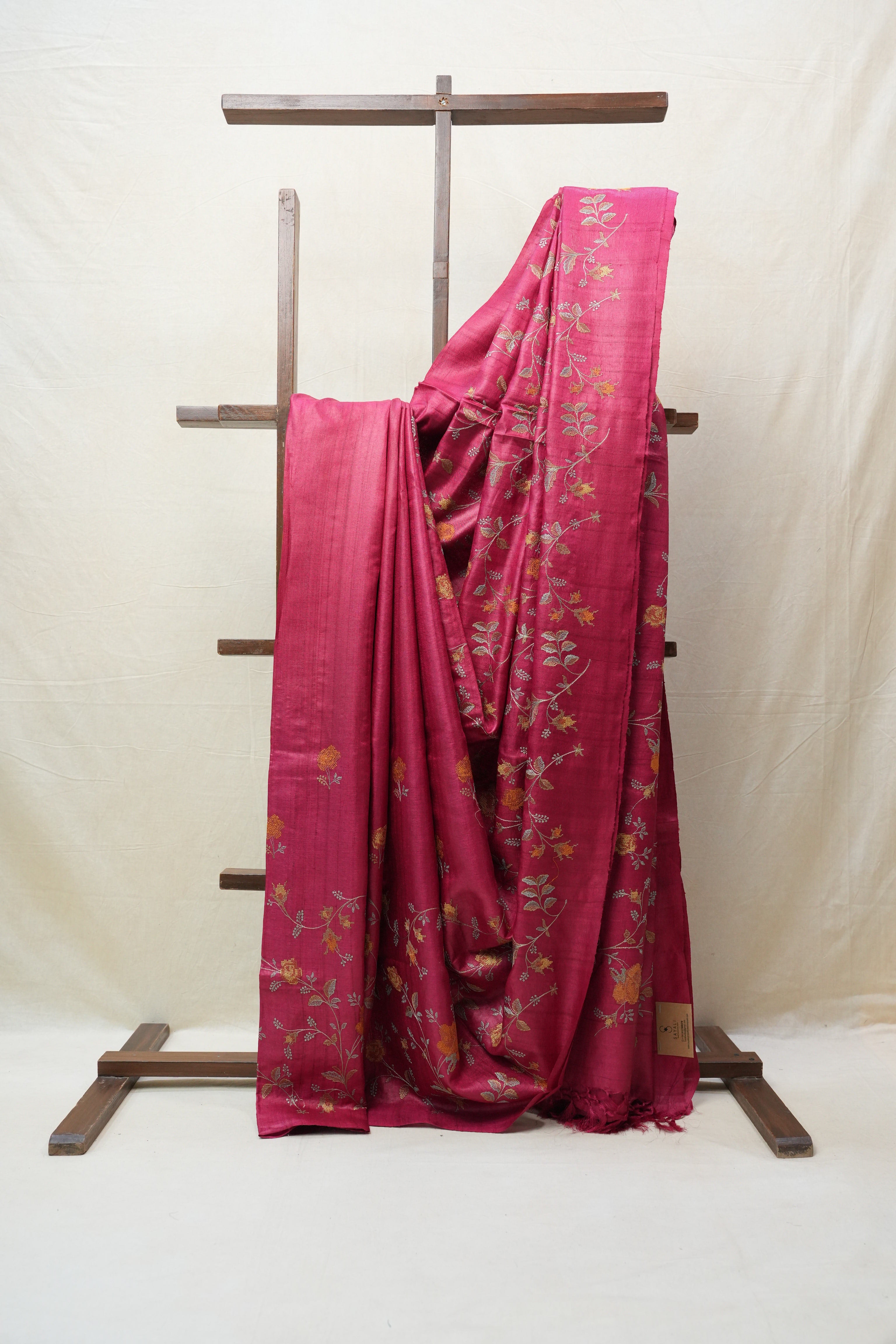 Dark Pink Machine Embroidered Tussar Silk Saree - SRDPMETSS1456