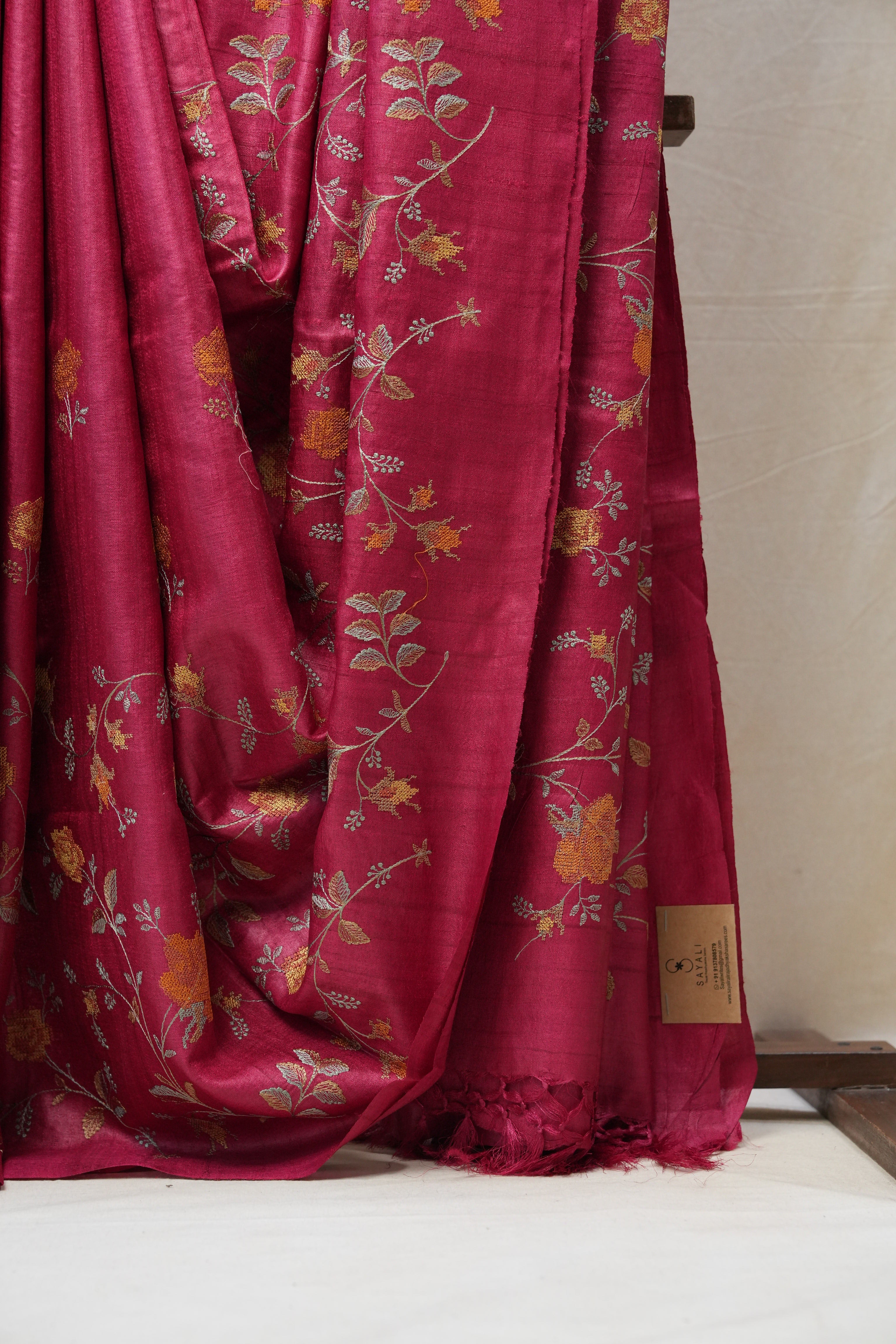 Dark Pink Machine Embroidered Tussar Silk Saree - SRDPMETSS1456