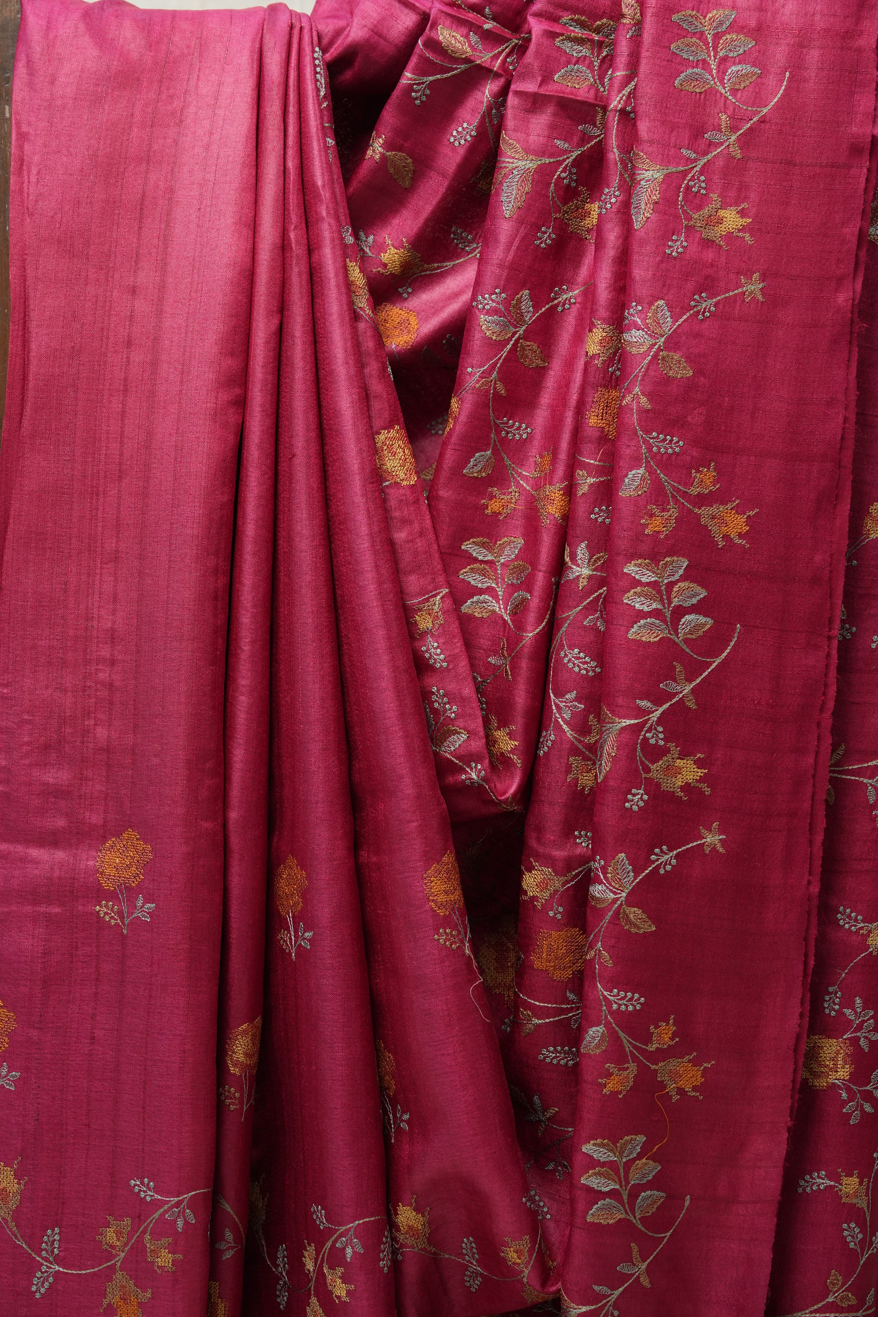 Dark Pink Machine Embroidered Tussar Silk Saree - SRDPMETSS1456