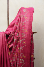 Dark Pink Machine Embroidered Tussar Silk Saree - SRDPMETSS1456