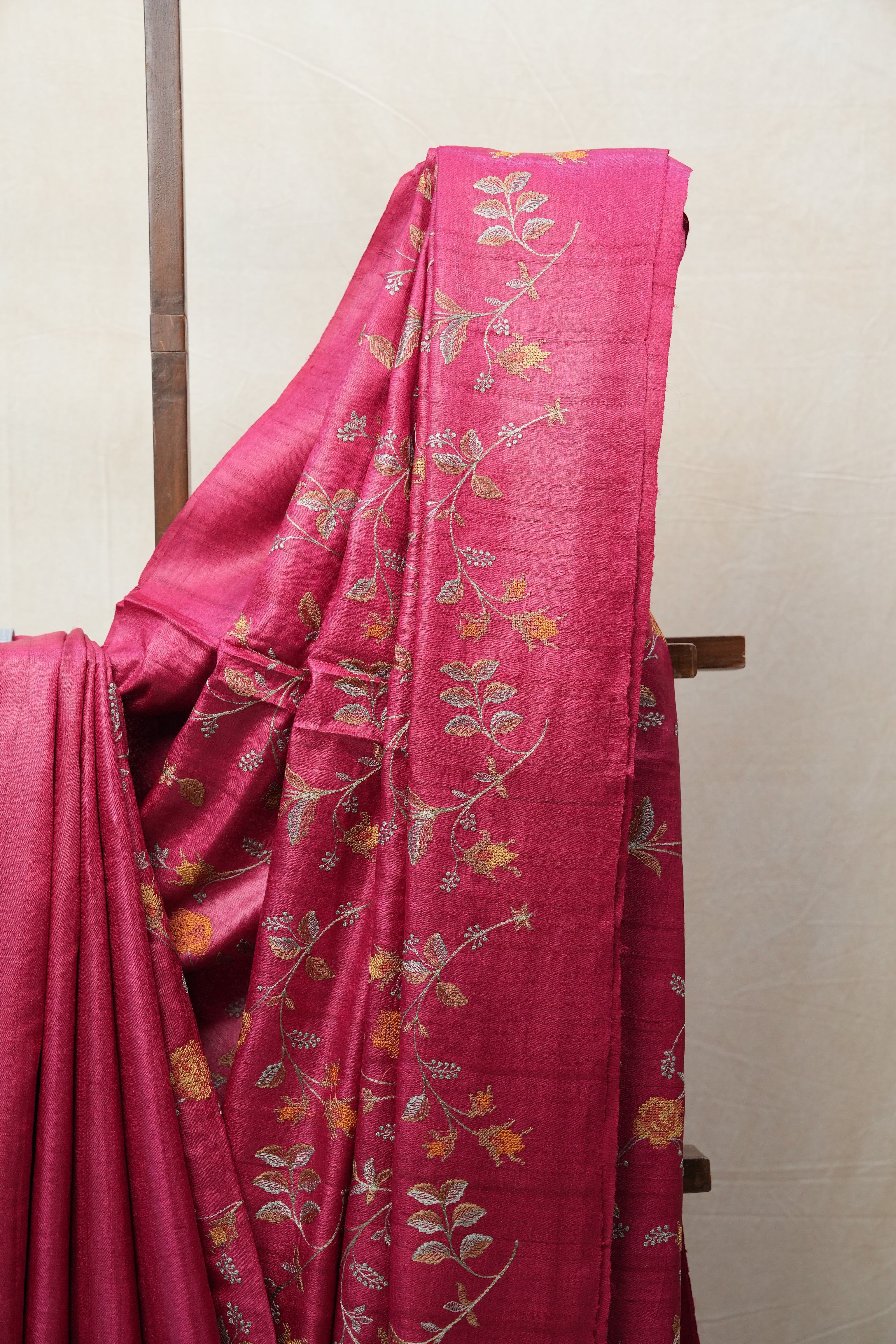Dark Pink Machine Embroidered Tussar Silk Saree - SRDPMETSS1456