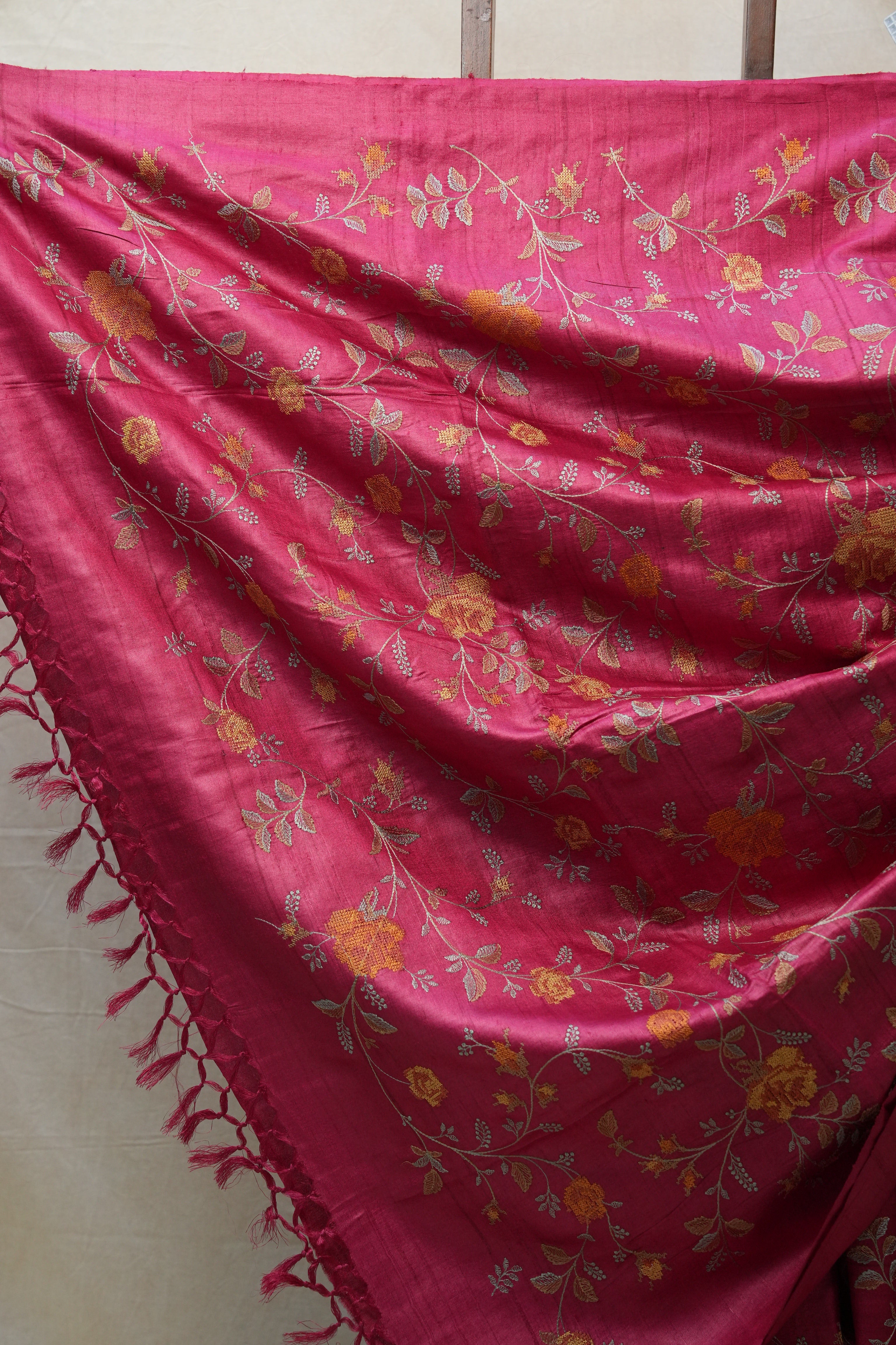 Dark Pink Machine Embroidered Tussar Silk Saree - SRDPMETSS1456