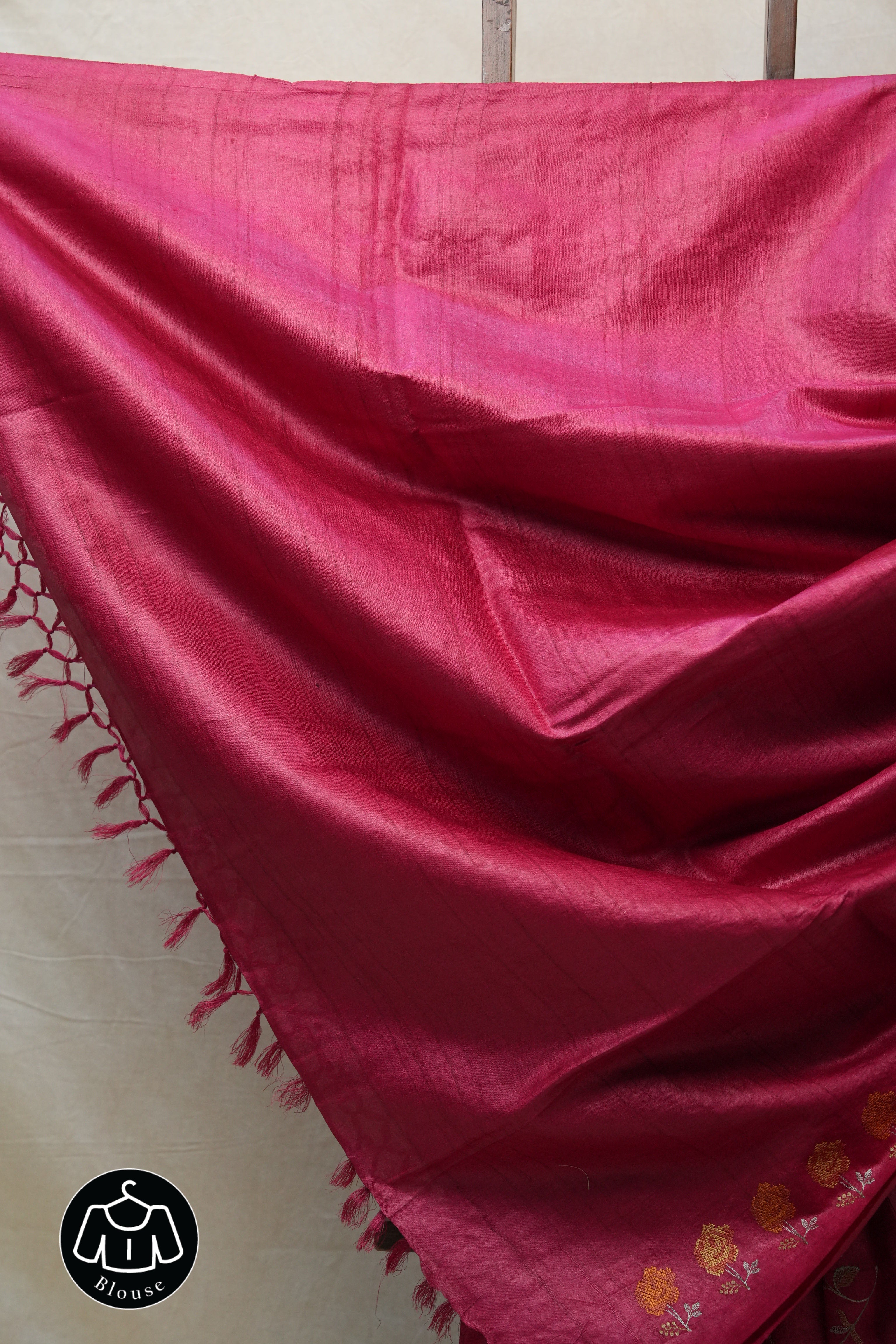 Dark Pink Machine Embroidered Tussar Silk Saree - SRDPMETSS1456