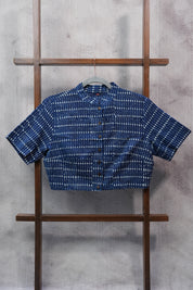 Navy Blue Stand Collar HBP Cotton Blouse - SRNBSCCB148