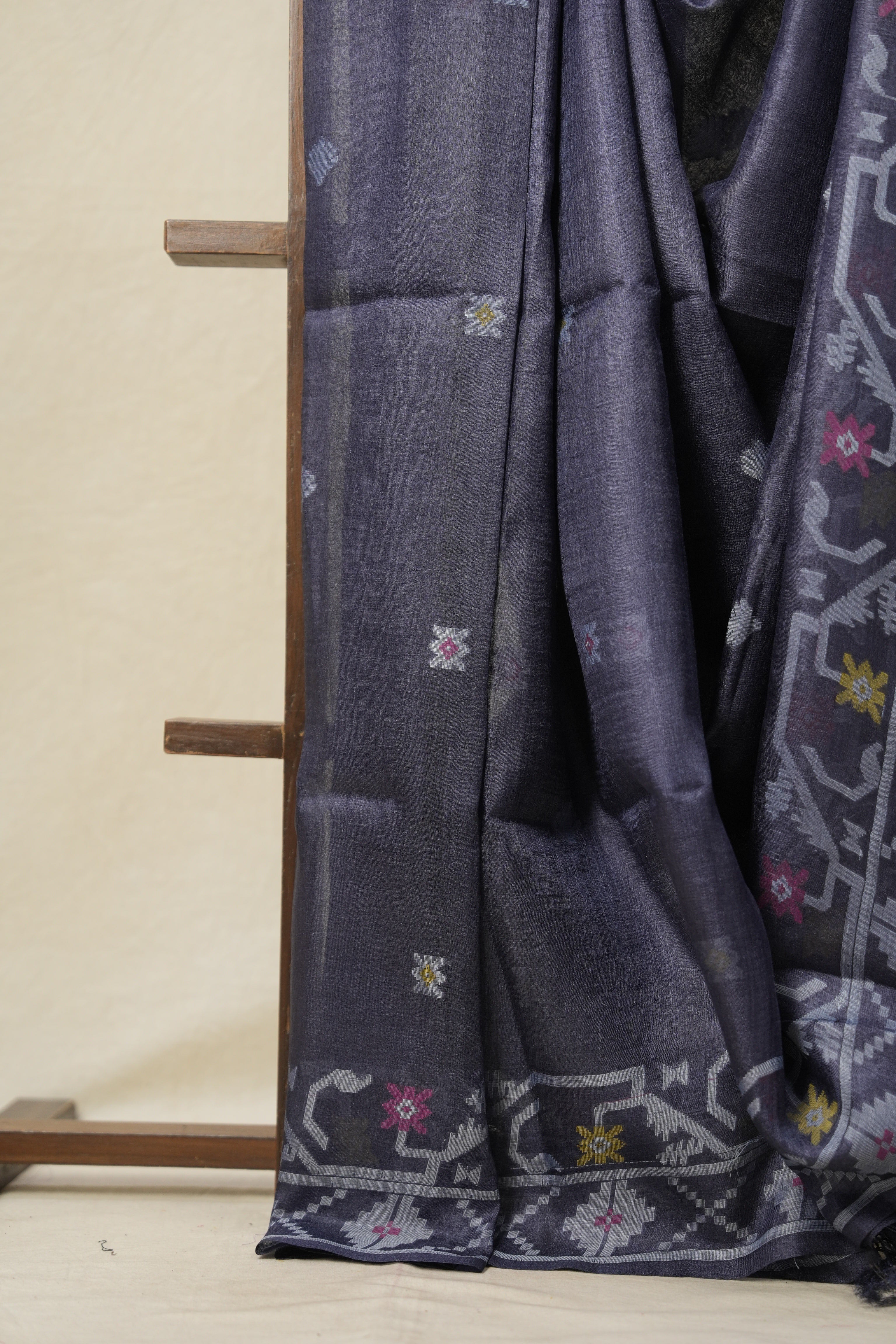 Carbon Black Jamdani Tussar Silk Saree - SRCBJTSS0015