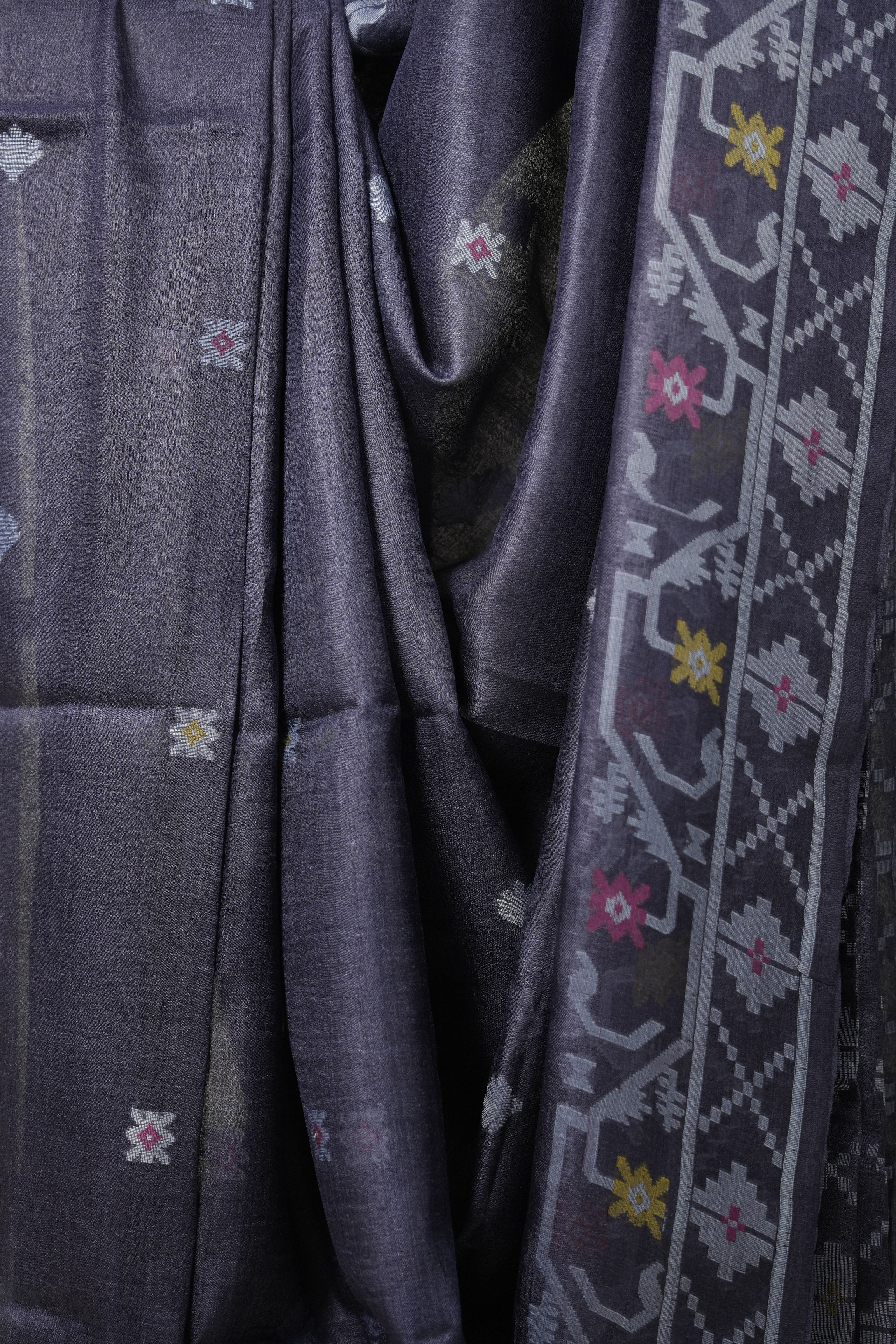 Carbon Black Jamdani Tussar Silk Saree - SRCBJTSS0015