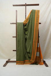 Olive Cotton Ilkal Saree with Stripe Border - SROCIS602