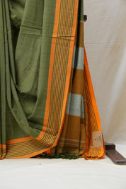 Olive Cotton Ilkal Saree with Stripe Border - SROCIS602