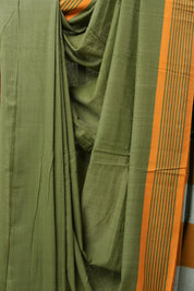 Olive Cotton Ilkal Saree with Stripe Border - SROCIS602