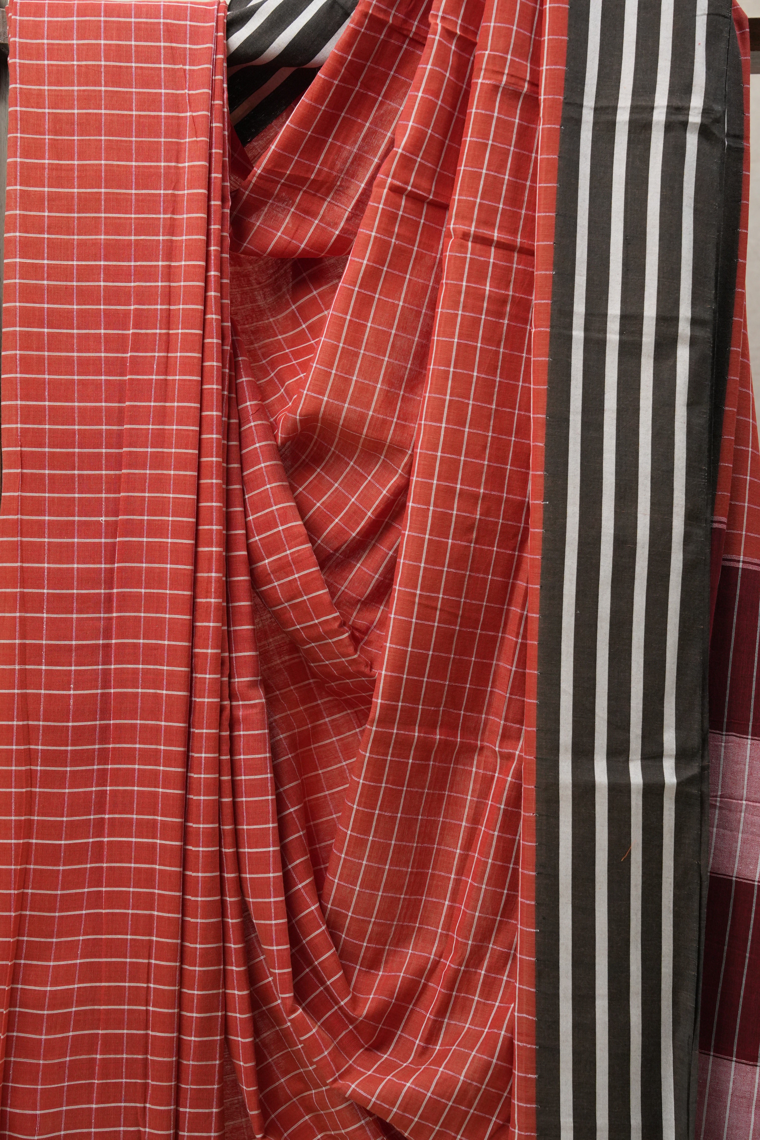 Orange Cotton Ilkal Saree with Stripe Border - SROCIS601