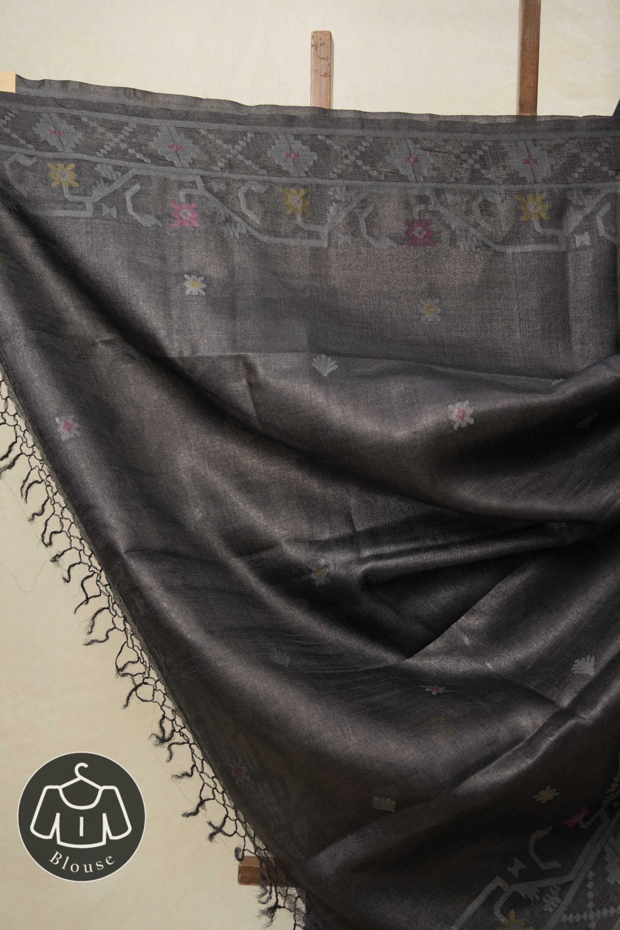 Black Jamdani Tussar Silk Saree - SRBJTSS0013