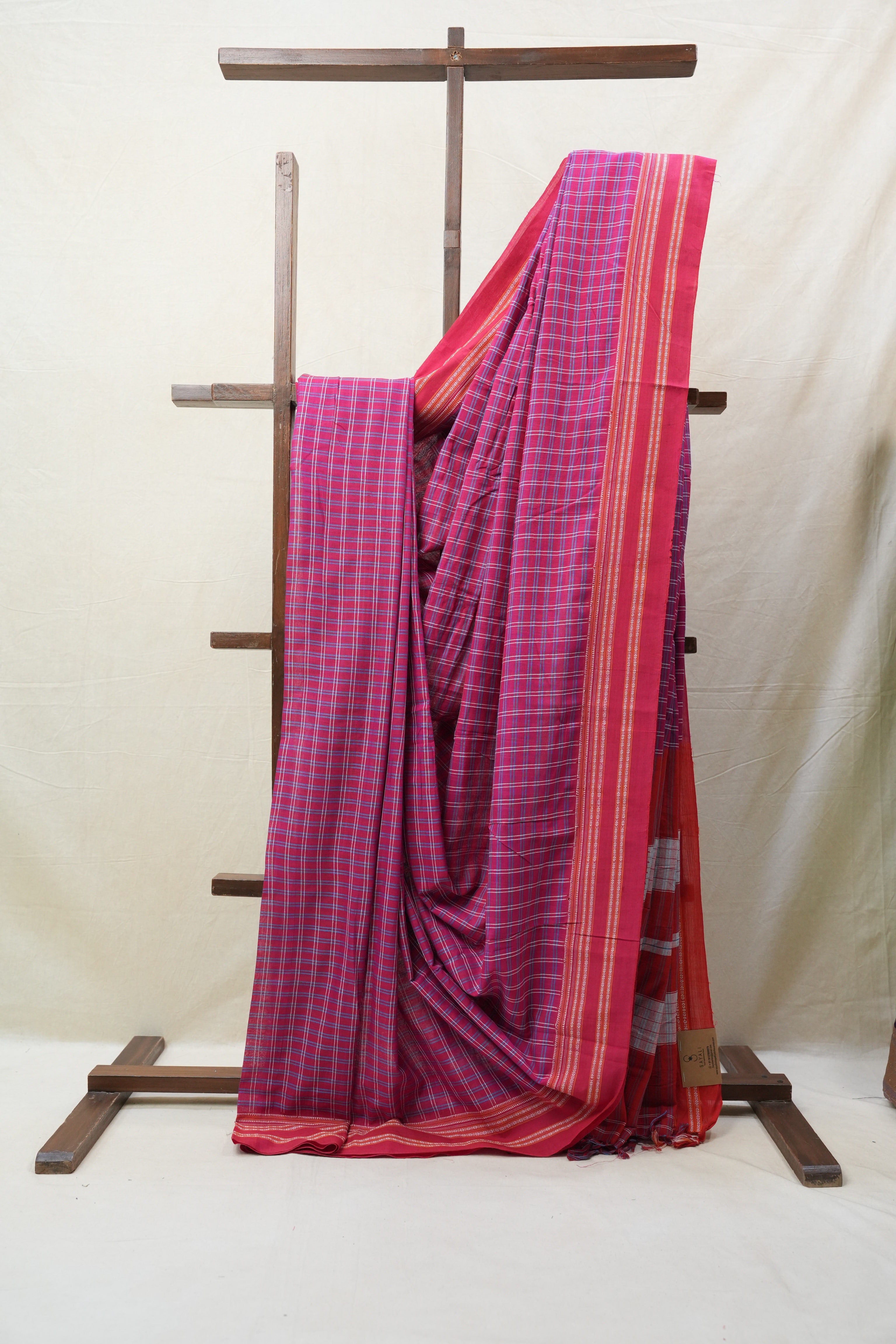 Pink Check Cotton Ilkal Saree with Gayatri Border - SRPCCIS598