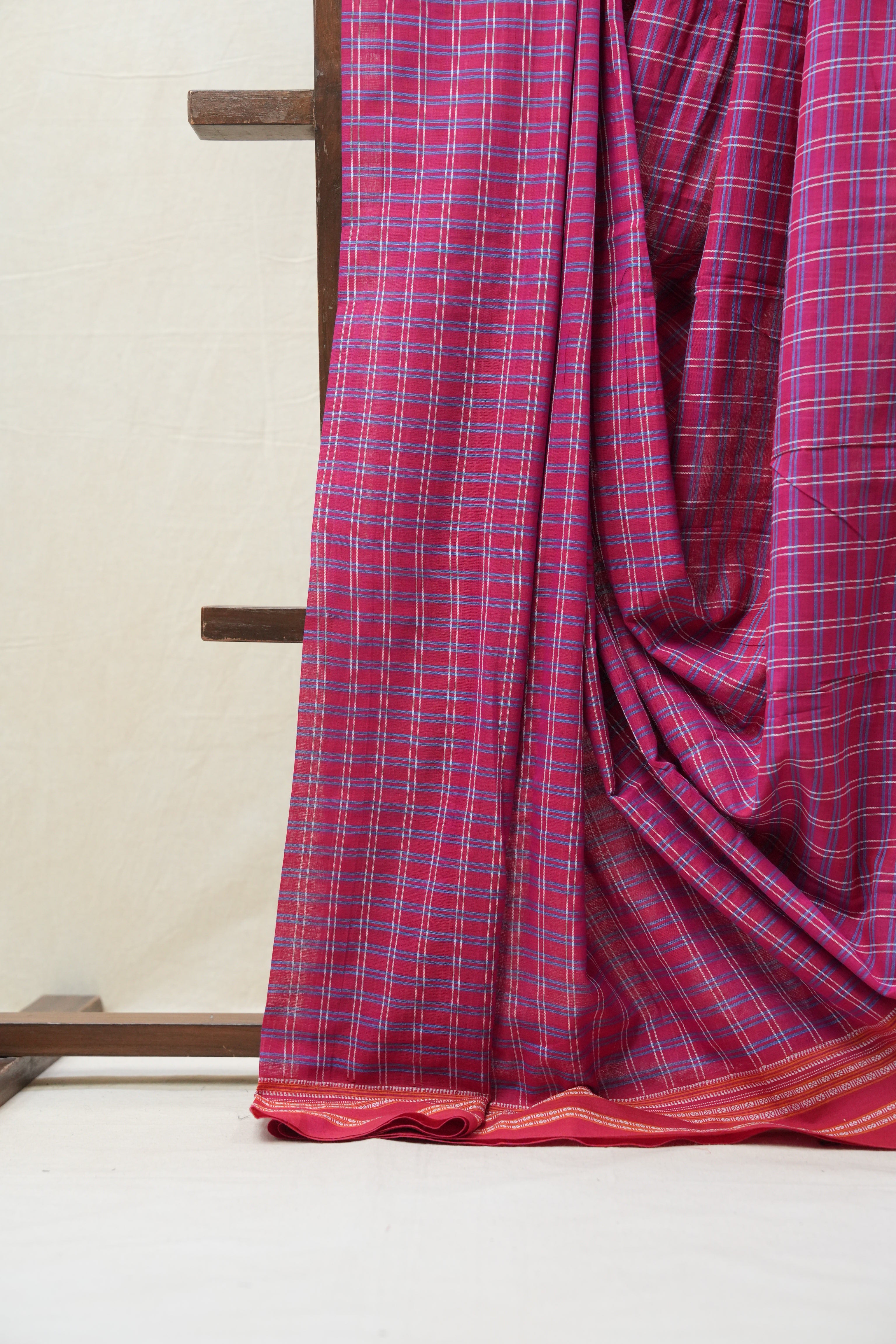 Pink Check Cotton Ilkal Saree with Gayatri Border - SRPCCIS598