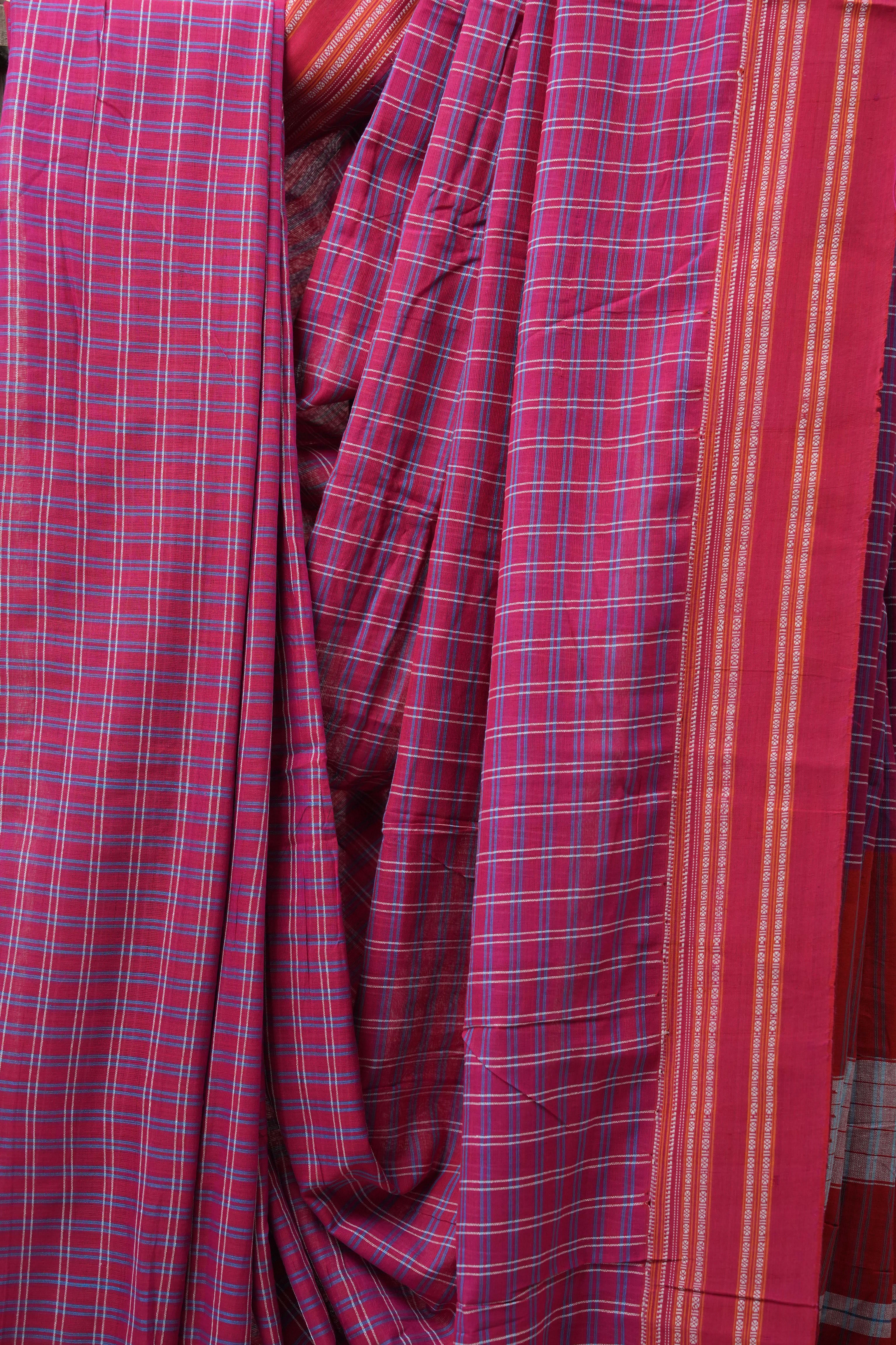 Pink Check Cotton Ilkal Saree with Gayatri Border - SRPCCIS598