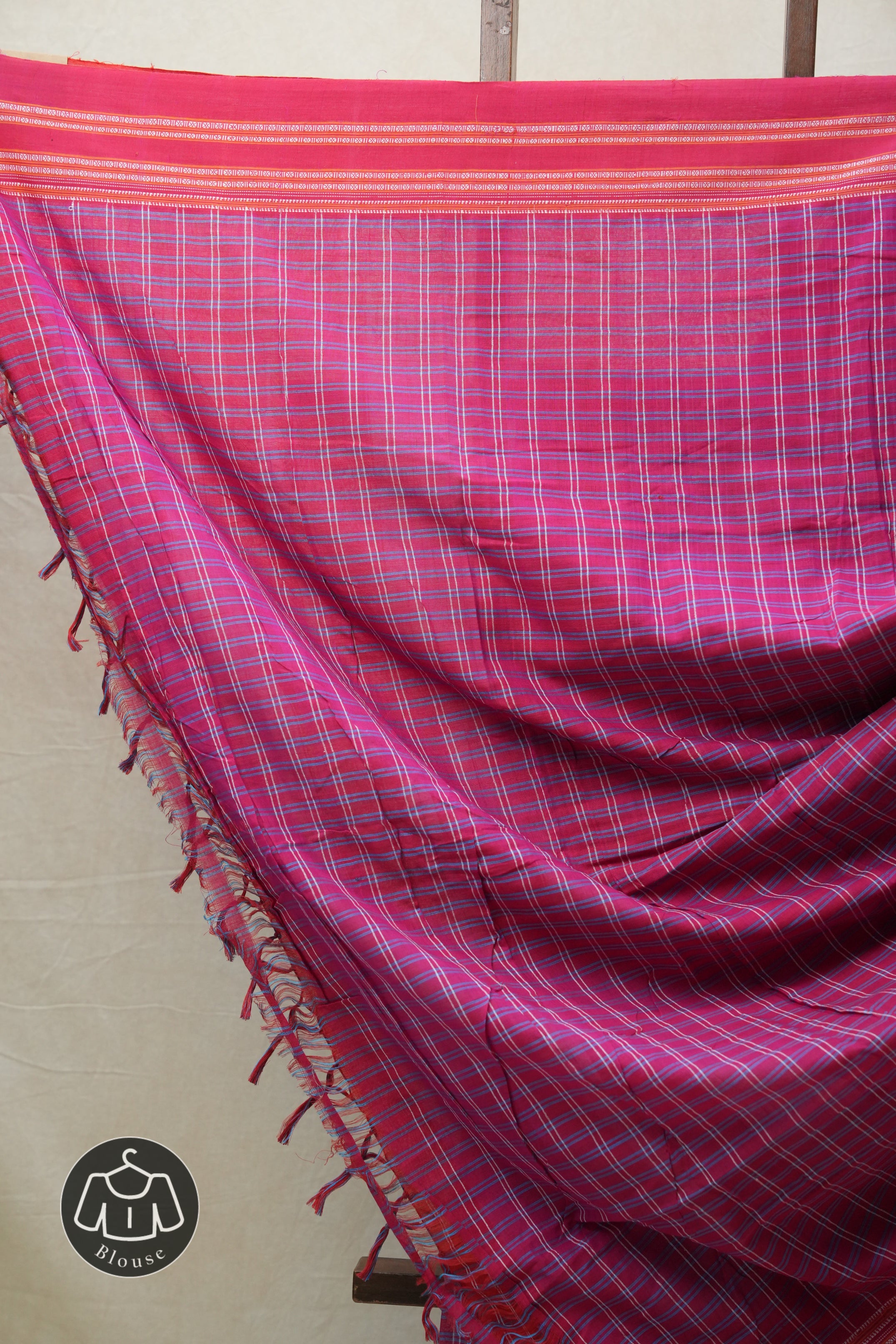 Pink Check Cotton Ilkal Saree with Gayatri Border - SRPCCIS598