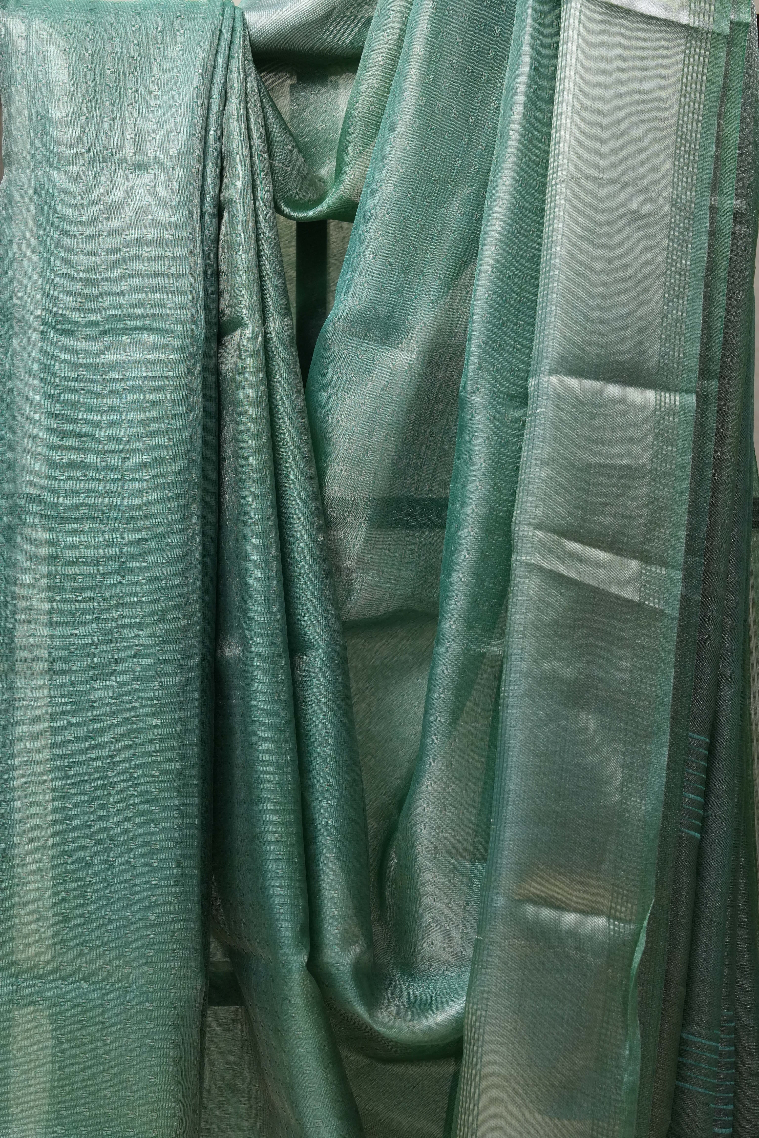 Turquoise Silver Tissue Tussar Silk Saree - SRTSTTSS450