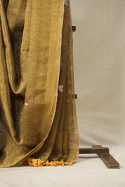 Golden Tissue Linen Jamdani Saree With Tassels - SRGTLJS123
