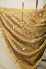 Golden Tissue Linen Jamdani Saree With Tassels - SRGTLJS123