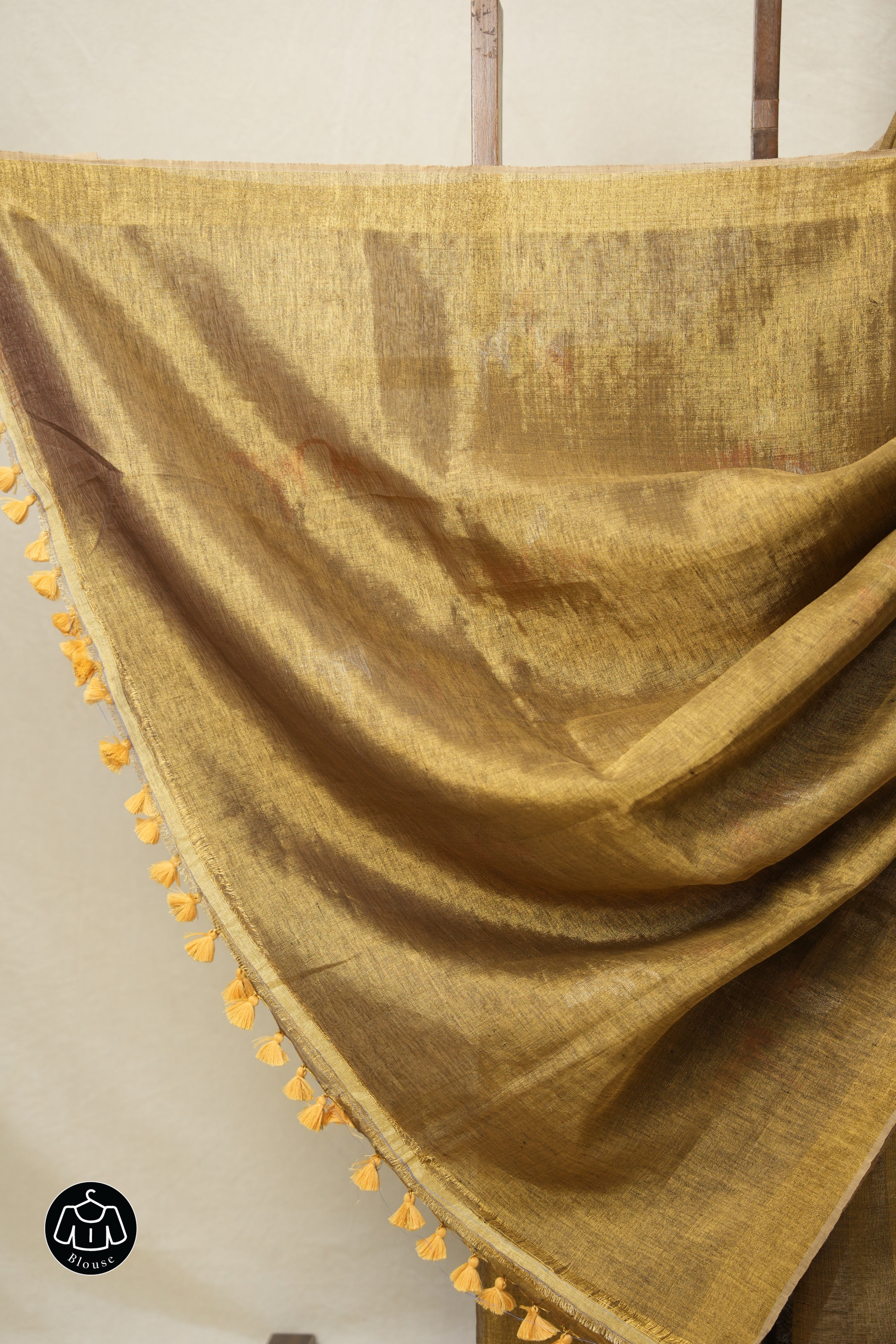 Golden Tissue Linen Jamdani Saree With Tassels - SRGTLJS123