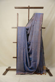 Aqua Blue Copper Tissue Linen Jamdani Saree With Tassels - SRABCTLJS129