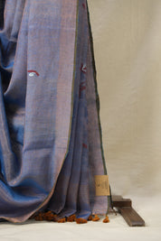 Aqua Blue Copper Tissue Linen Jamdani Saree With Tassels - SRABCTLJS129