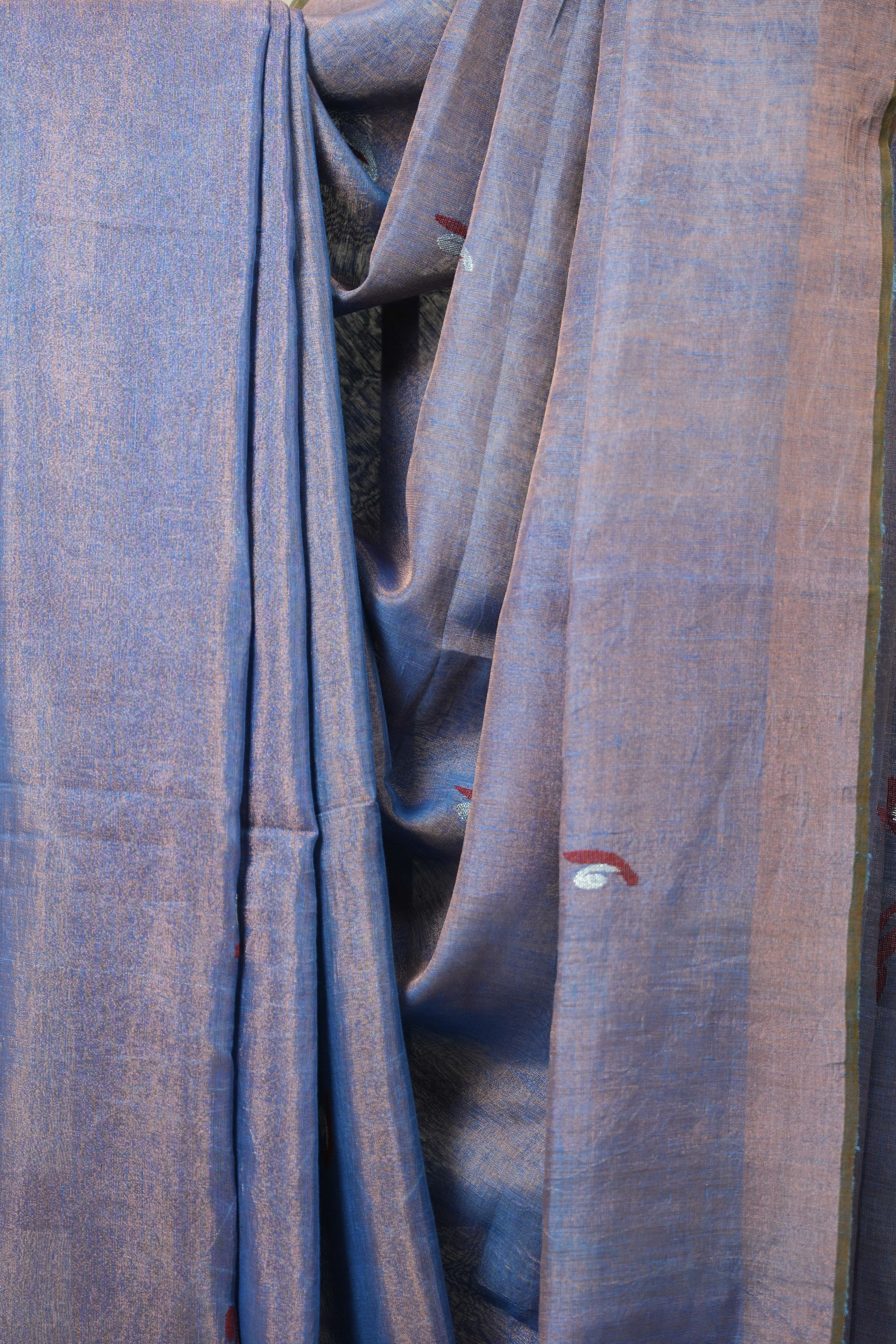 Aqua Blue Copper Tissue Linen Jamdani Saree With Tassels - SRABCTLJS129