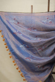 Aqua Blue Copper Tissue Linen Jamdani Saree With Tassels - SRABCTLJS129