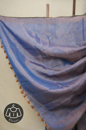Aqua Blue Copper Tissue Linen Jamdani Saree With Tassels - SRABCTLJS129