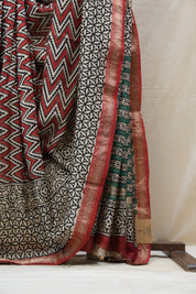 Maroon-Black HBP Cotton Silk Saree With Maheshwari Border - SRMBCSS1221